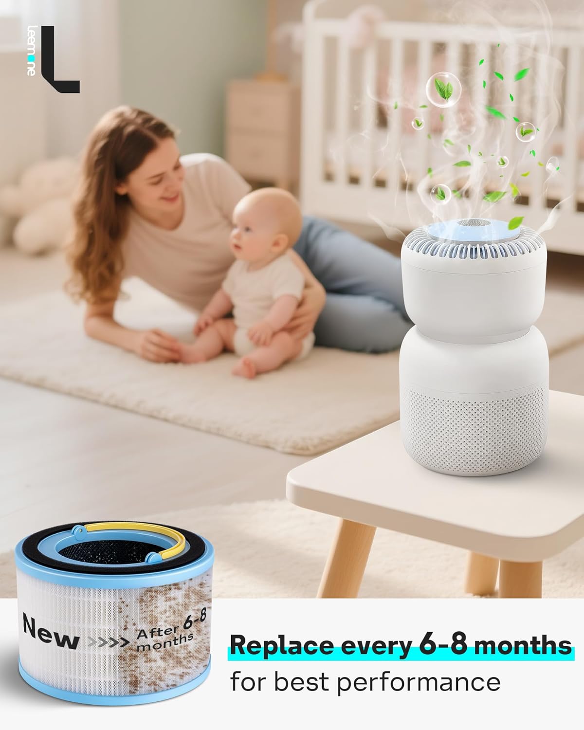 Leemone Sprout Air Purifier Replacement Filter Compatible with LEVOIT Air Purifier for Baby, 3-Layer Filtration HEPA High-Efficiency Activated Carbon, LRF-B851-WNA, 2 Pack