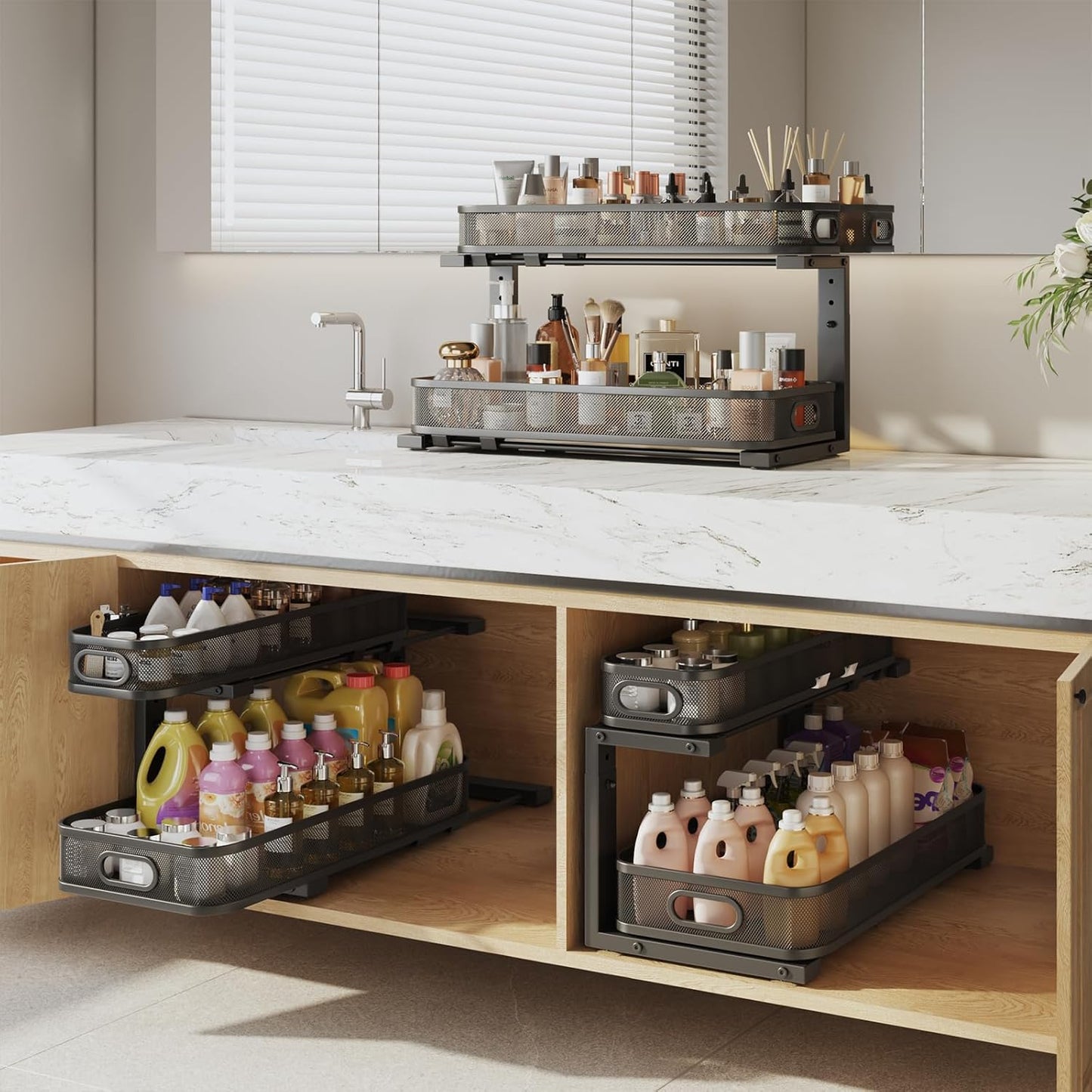 2 Pack 21.3IN-Depth Under Sink Organizer with Smooth Cylindrical Rail,2-Tier Pull Out Multi-Purpose Cabinet Storage for Bathroom&Kitchen,Height Adjustable,Rust-Resistant Coating-Black