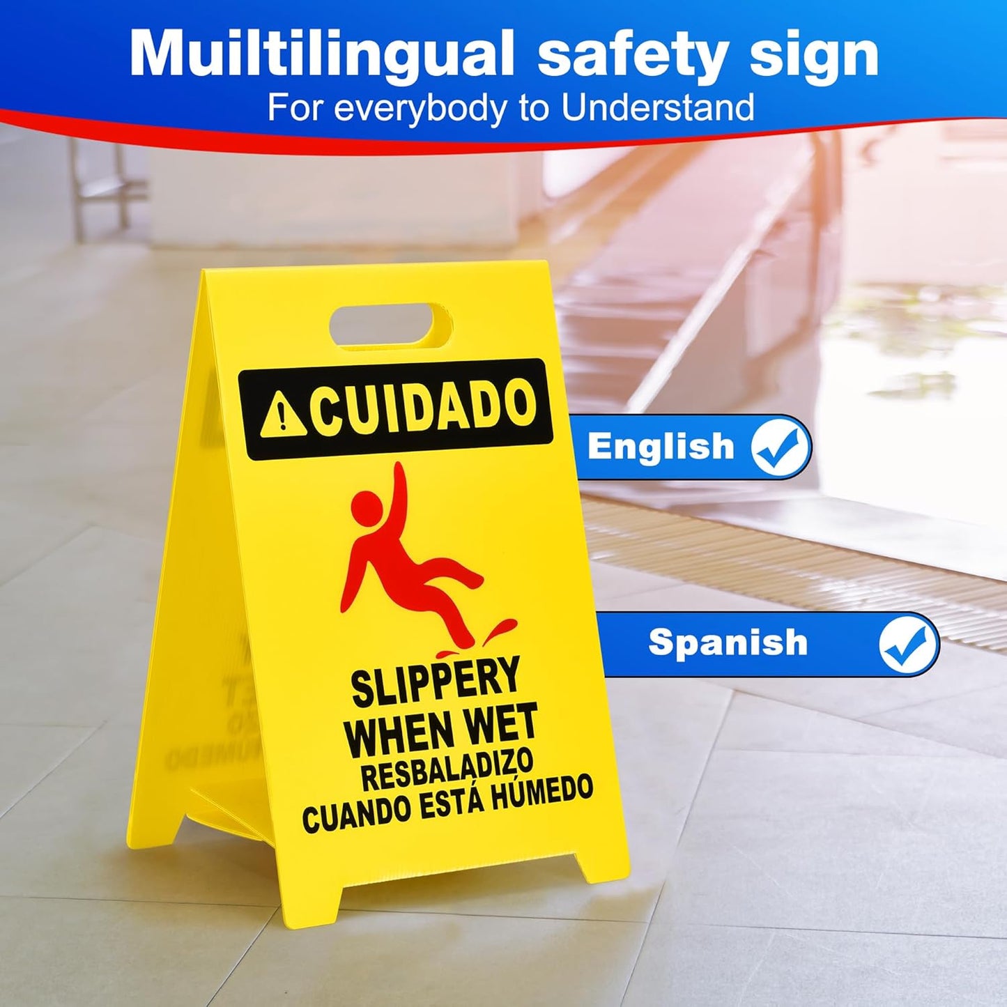 MATTHEW CLEANING 19'' Industrial Wet Floor Sign 6 Pack 2-Sided Durable Corrugated Plastic Birght Yellow Multilingual Warning Signs Commercial Caution Wet Fold-out Floor Signs For Indoors