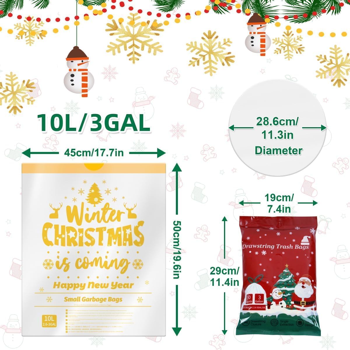 XUXRUS Small Christmas Trash Bags, 3 Gallon Christmas Garbage Bags 50 Count, Holiday Trash Bags, Festive Gold Printed Drawstring Garbage Bags for Kitchen & Bathroom, Holiday Supplies