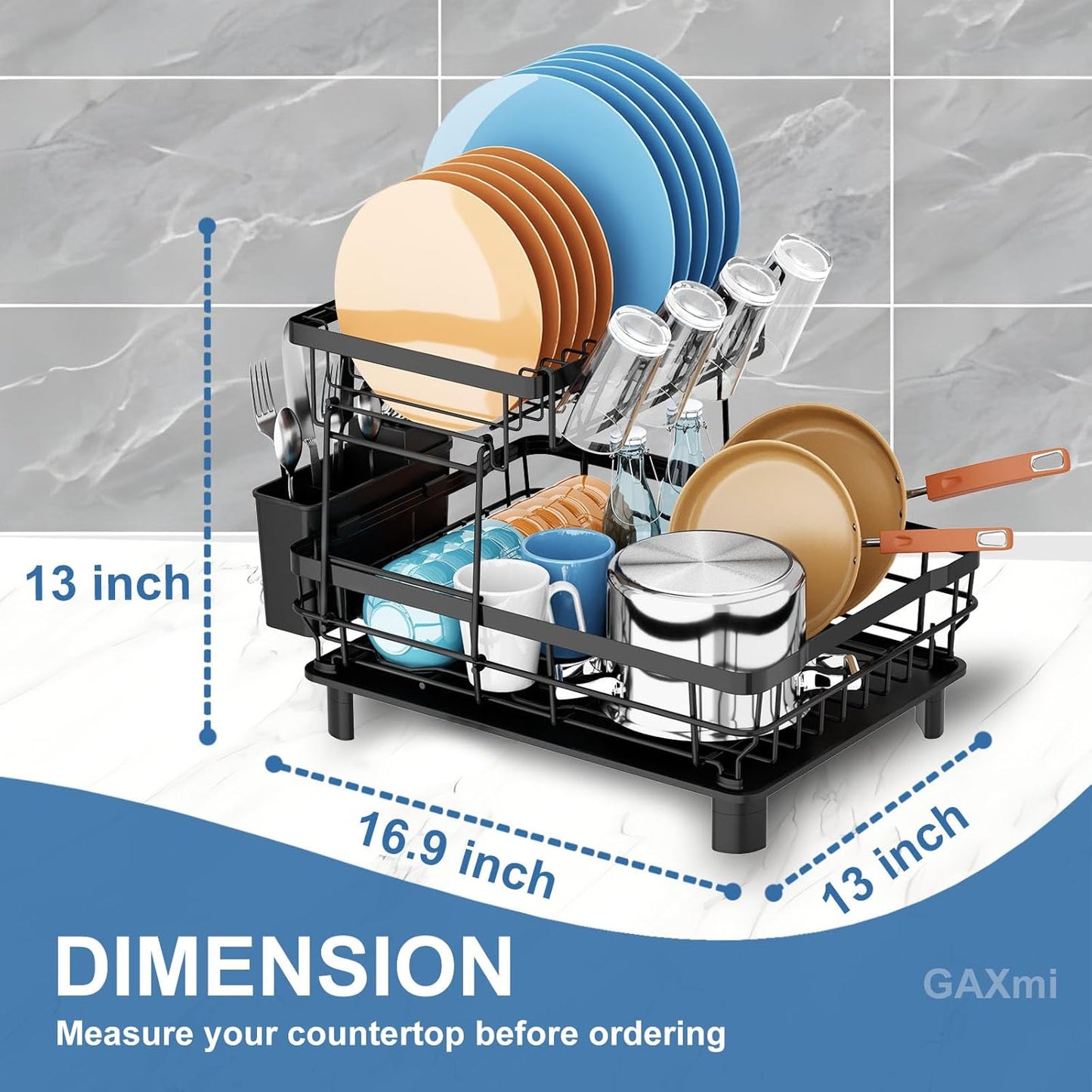 GAXmi Dish Drying Rack Over The Sink Drainer with Drainboard Utensil Holder Cup Holder, 2-Tier Black