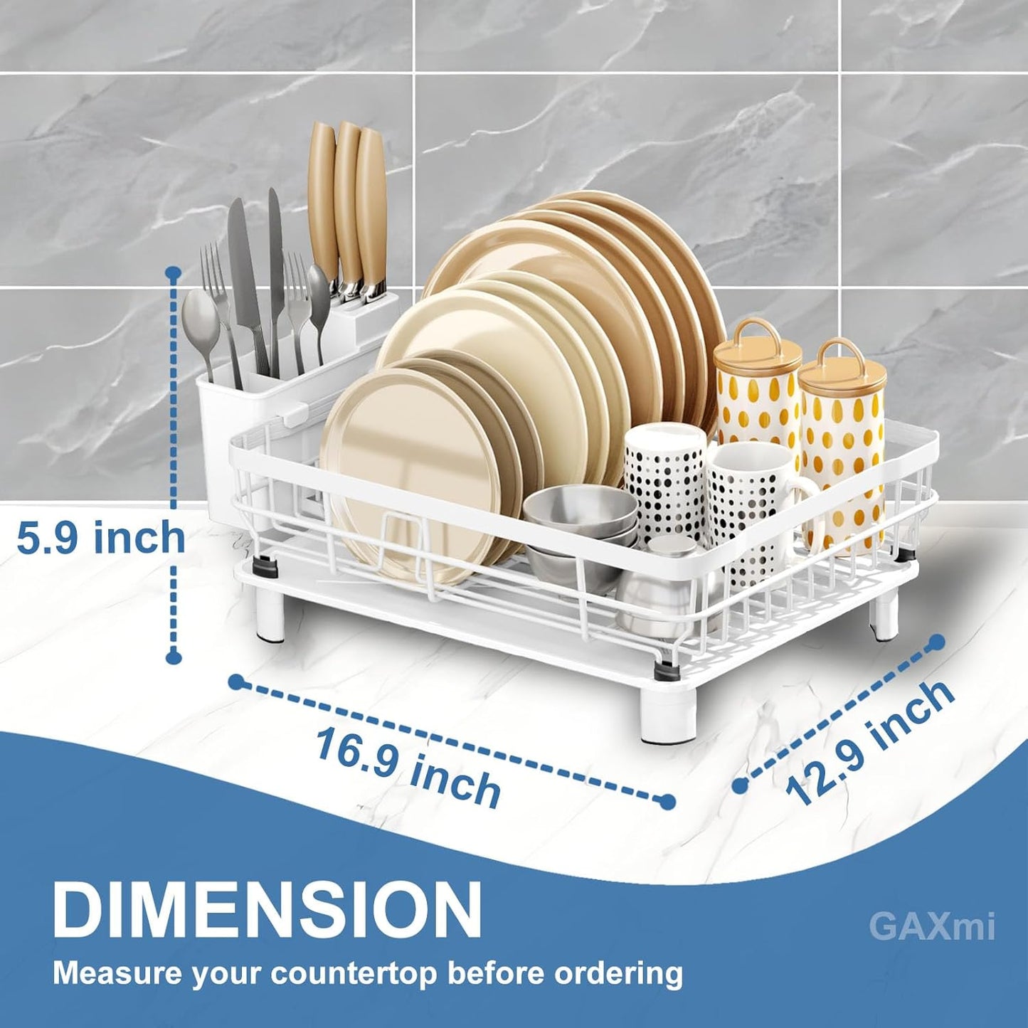 GAXmi Dish Drying Rack Over The Sink Dish Drainer with Drainboard Utensil Holder, 1-Tier White