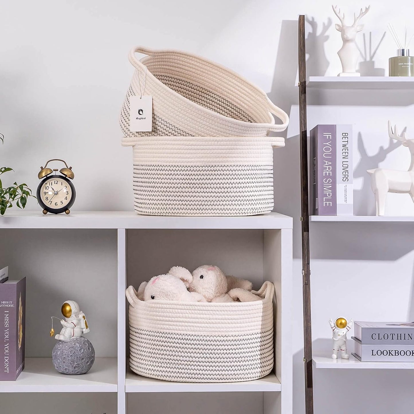 Medium and Large Woven Basket//With Handle, Used for Toys and Fabric Storage Basket used for Storing xl Storage Box, Decorative Storage Box Room 2pack (White/black line, L13×W9×H7)