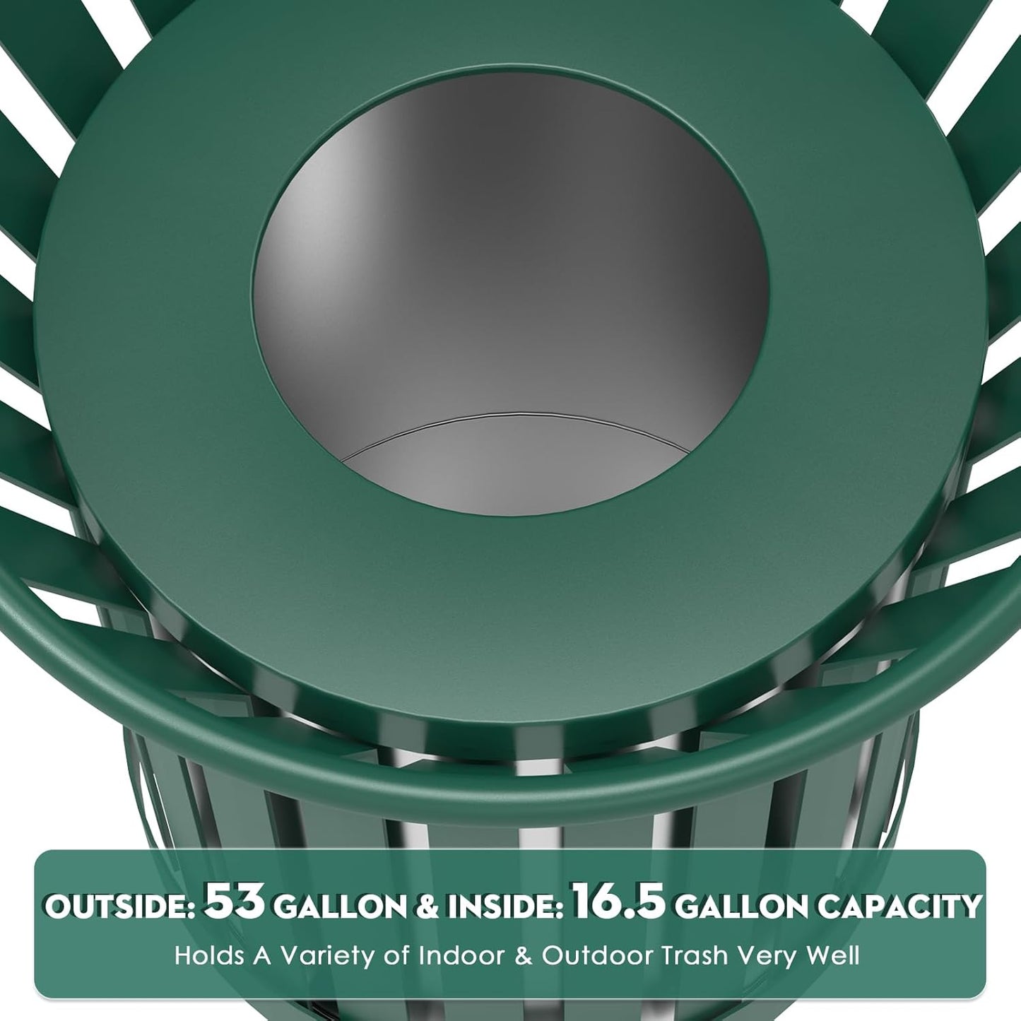 16Gallon/62L Commercial Outdoor & Indoor Metal Trash Can, Outdoor Slatted Trash Receptacle with Metal Linner, All Weather Resistant Large Outside Zone Round Garbage Bin for Street, Park, School-Green