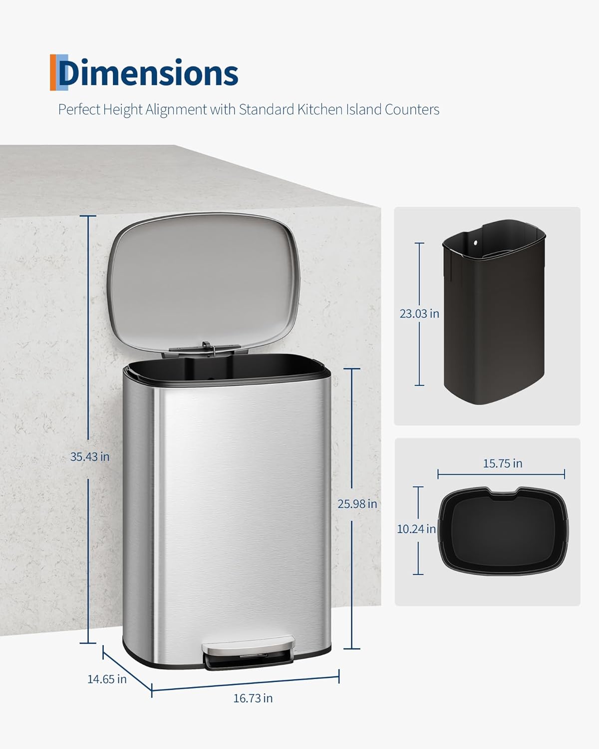 Garvee 13 Gallon / 50 Liter Stainless Steel Kitchen Trash Can with Lid, Large Rustproof Garbage Can for Kitchen, Step-on Metal Trash Bin with Inner Bucket, Rear Handle, Soft Close Lid, Silver