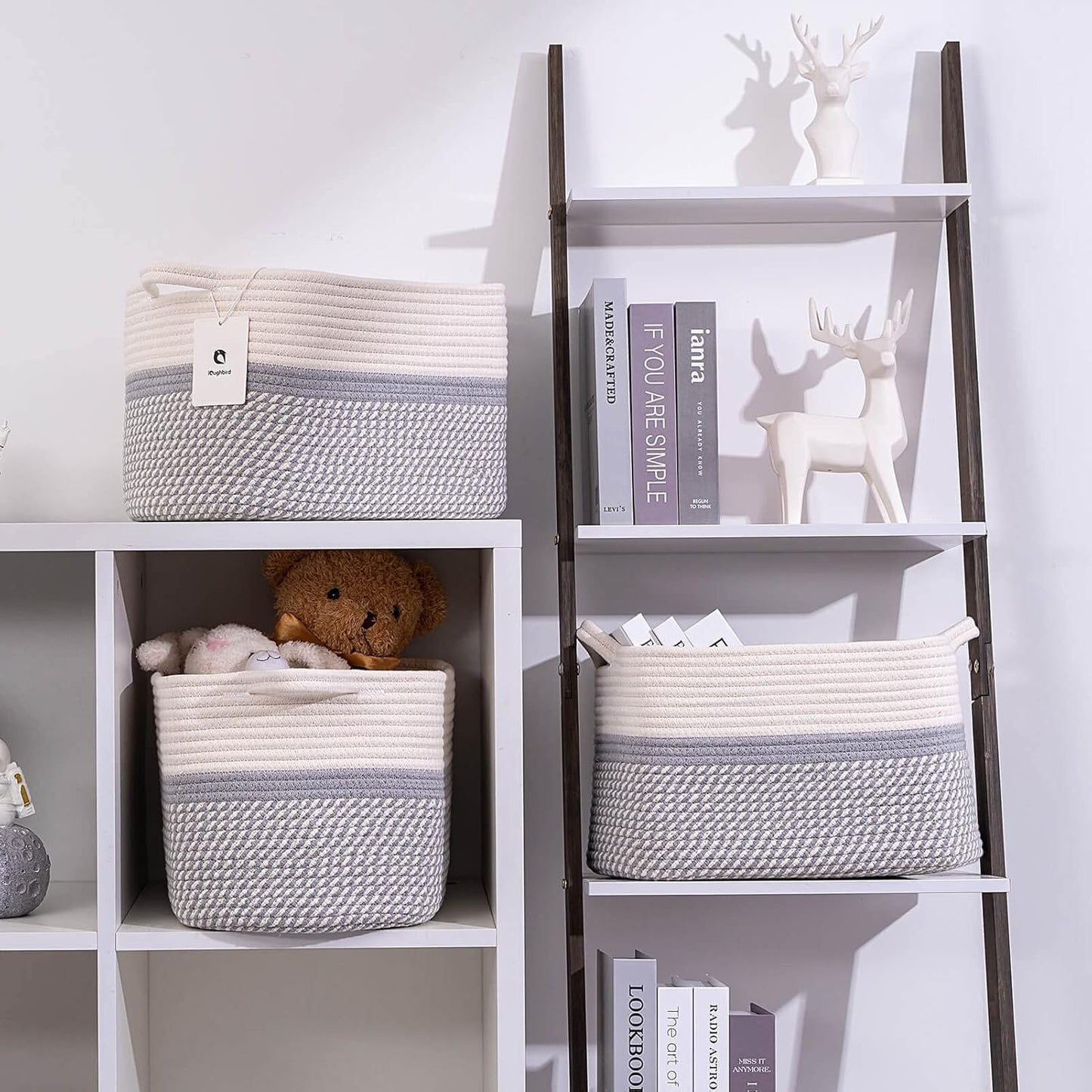 Medium and Large Woven Basket//With Handle, Used for Toys and Fabric Storage Basket used for Storing xl Storage Box, Decorative Storage Box Room 2pack (14L*10W*8.6H White/Gray, 14Lx10Wx8.6H)