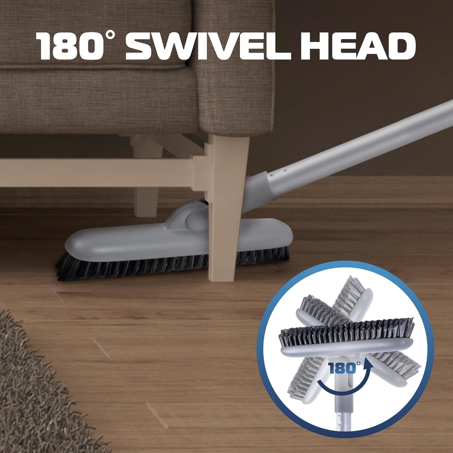 DSV Standard Grout Scrub Brush with Long Handle, 50'' Tile Grout Scrubber, V-Shape Crevice Cleaning Brush for Hard to Reach Areas, 180° Rotation Grout Cleaner for Tile Floors, Baseboards and Corners