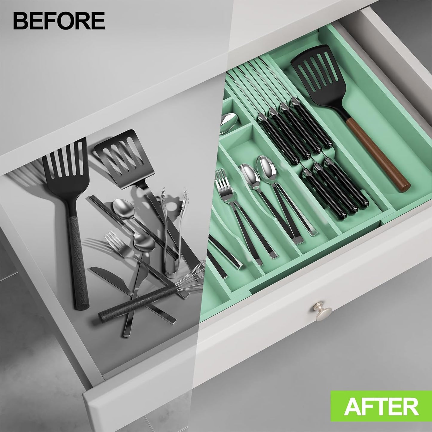 Bamboo Kitchen Drawer Organizer, Expandable Utensil Organizer with Removable Knife Block, Cutlery Tray Holder with Divider, Adjustable Silverware Organizer, Cyan