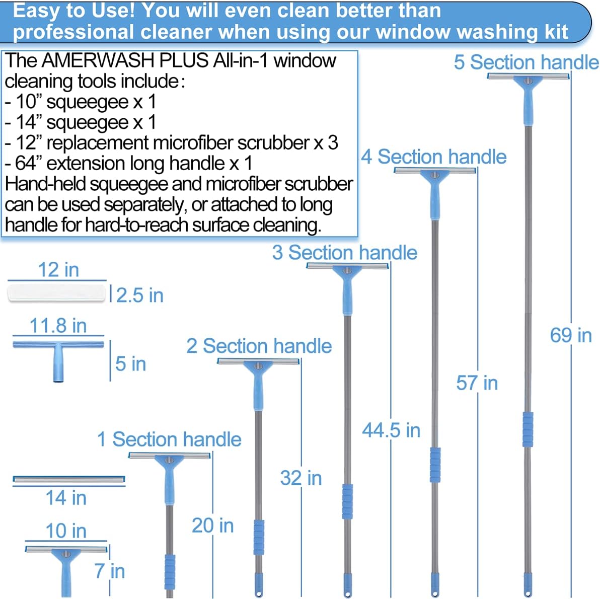 Window Squeegee Washing Kit for High Window, Shower Glass Door, Mirror Cleaning, with 69-inch Extension Pole, Extra 14'' Wide Squeegee and 2 Microfiber Scrubbers Included