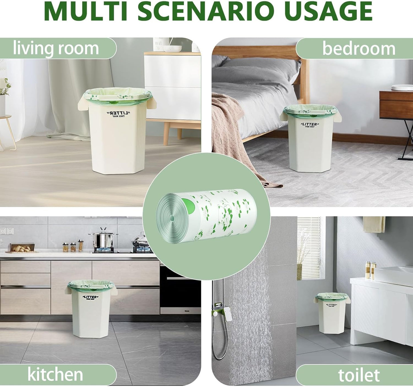 VOK 8 Gallon Trash Bags Drawstring, Medium Trash Bags for Office, Kitchen, Bedroom Trash Cans, Colored Portable Sturdy Garbage Bags 8 Gallon with Camellia Flower Scent, 60 Counts