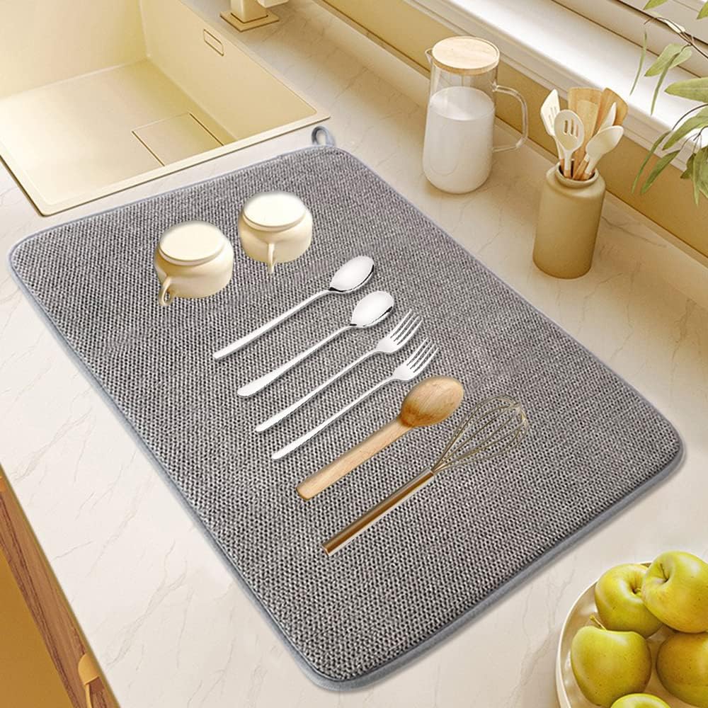 2Pack Large Dish Drying Mat for Kitchen Counter,24 x 17 Inch Microfiber Absorbent Dish Drying Pad,Large Size Dishes Drainer Mats for Countertops,Sinks,Draining Racks(Gray)