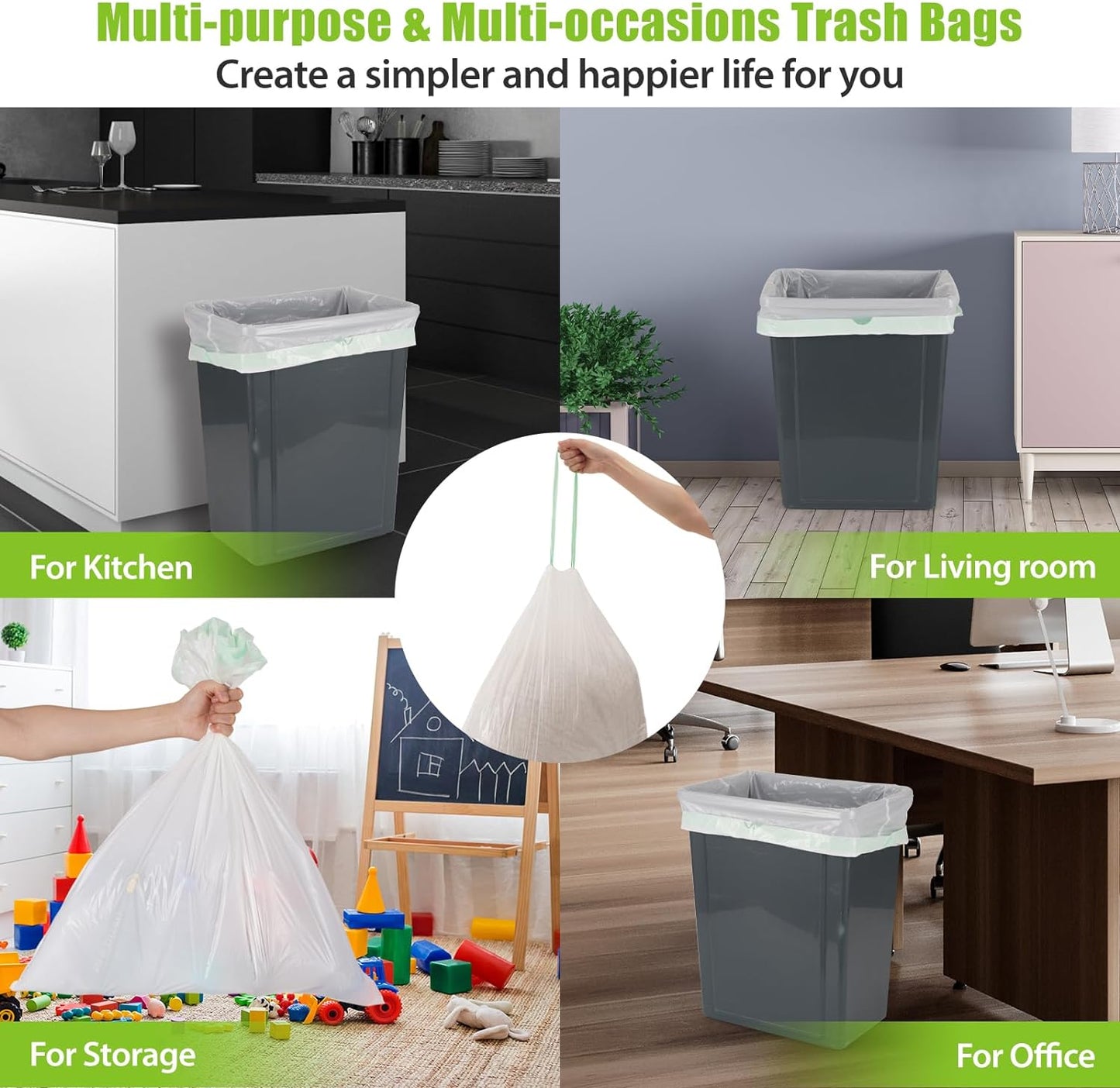 Large Trash Bags 13 Gallon Tall Drawstring 100% Post-Consumer Recycled Garbage Bag Waste Bag for Kitchen Office 0.6 Mil (300 Count)