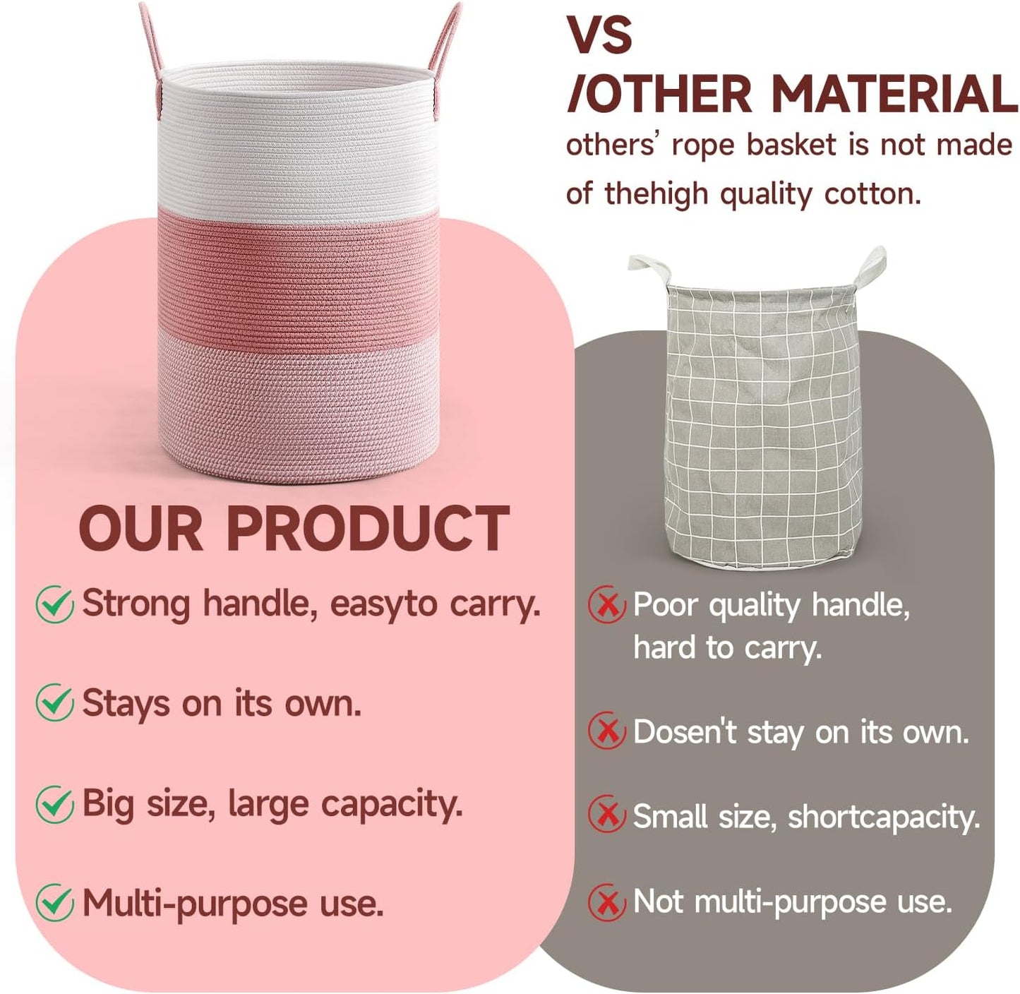 CLHMILY&Z 100L Laundry Basket Round Storage Rope Basket - 18.1x24 Inches - Pink Hamper in Bedreoom and Cute Storage Bin for Blankets, Toys, and Nursery Essentials