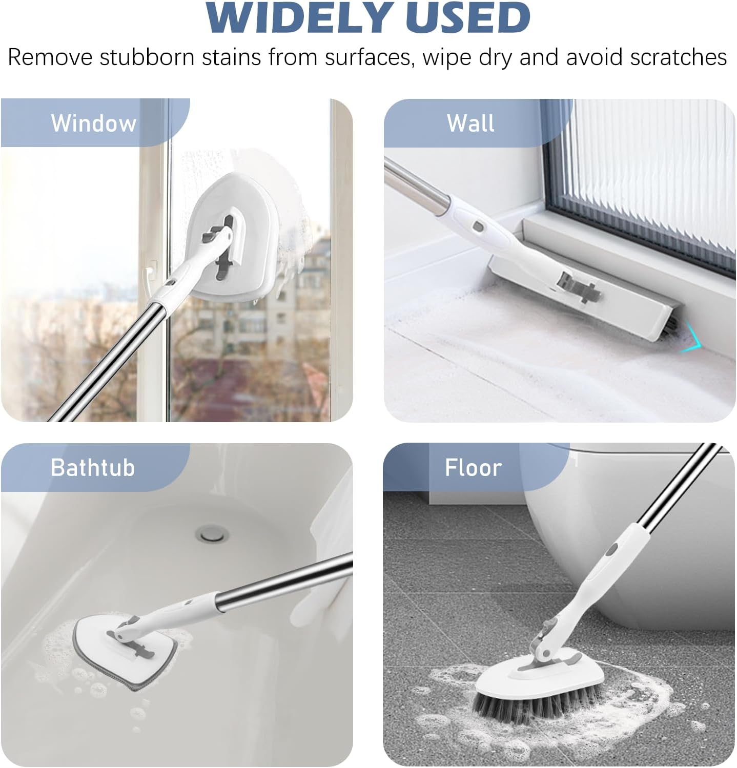 SetSail 4-in-1 Tile Tub Floor Scrubber with 52-inch Long Adjustable Handle Shower Cleaner Brush with V-Shaped Grout Brush and 3 Replacement Brush Heads for Bathroom Kitchen Sink Walls Tub Tile, White