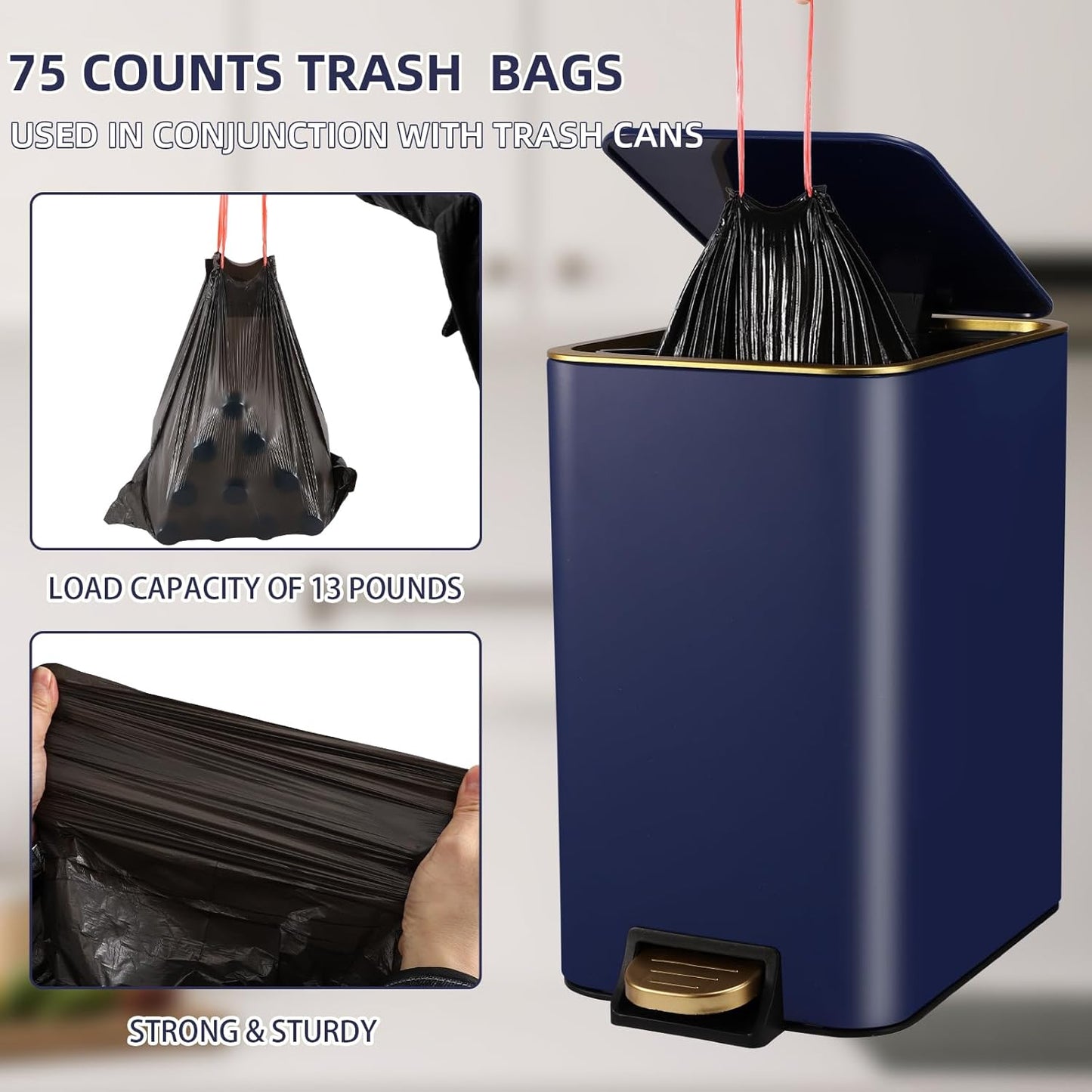 Small Bathroom Trash Can with Lid Soft Close, 1.8 Gallon Stainless Steel Garbage Can with Removable Inner Bucket,3PCS Soap Dispenser,75Count Trash Bag, Slim Step Pedal Trash Bins