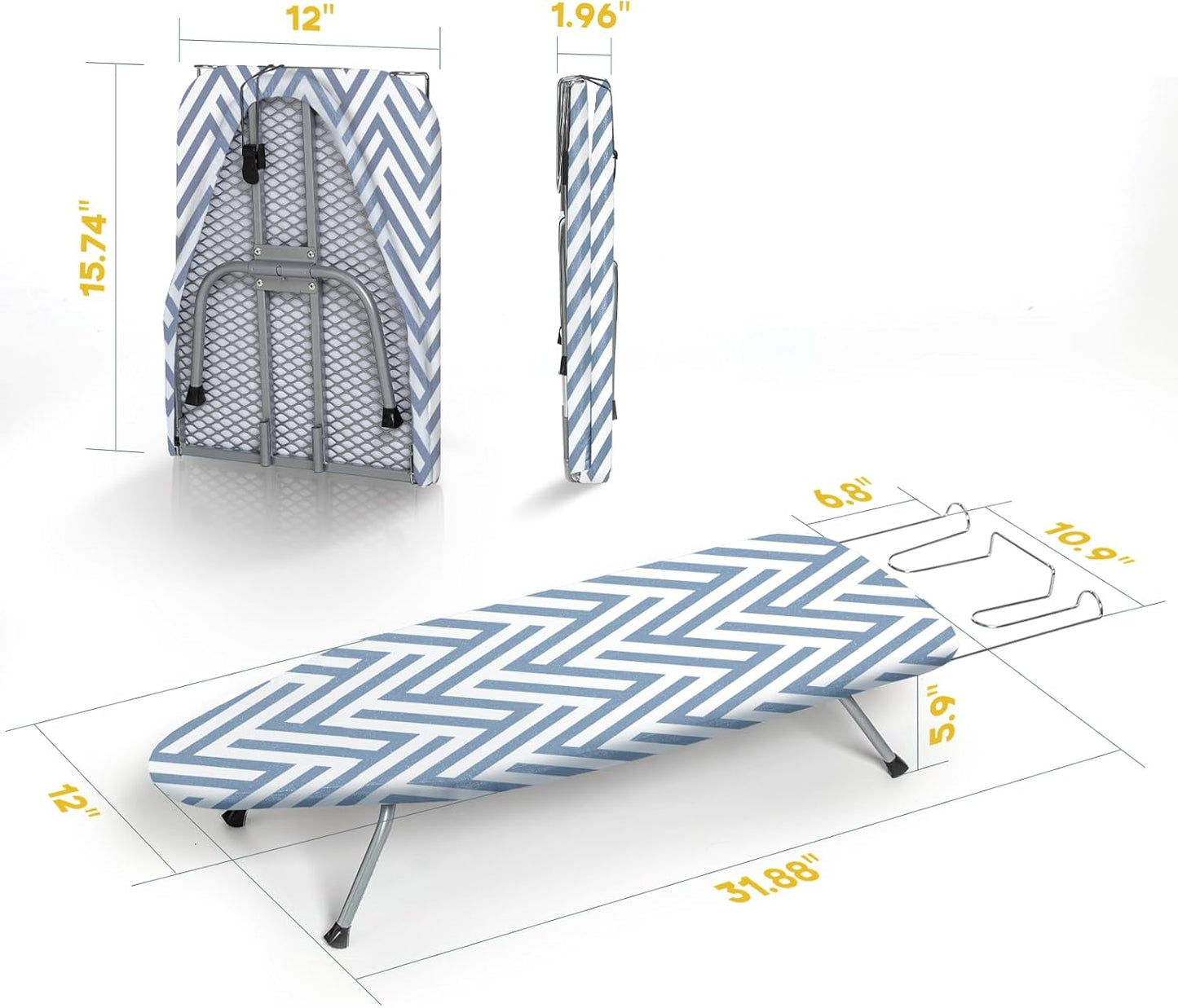 Small Tabletop Ironing Board Foldable, RAINHOL Steel Mesh Portable Iron Board for Dorm and Apartment, with Iron Rest and Heat-Resistant Cotton Cover, 31" x 12", Blue and White Stripes