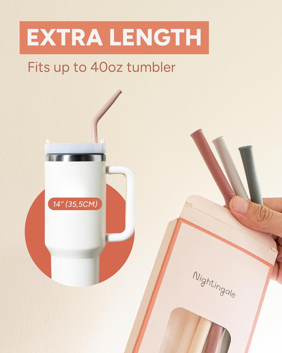 Nightingale 14β Silicone Tumbler Straws - Compatible with Stanley 40 oz cup - Reusable Flexible Long Bendy Drinking Straw with Cleaning Brush for Tall Tumblers - Food-Safe - Set of 6 Oak