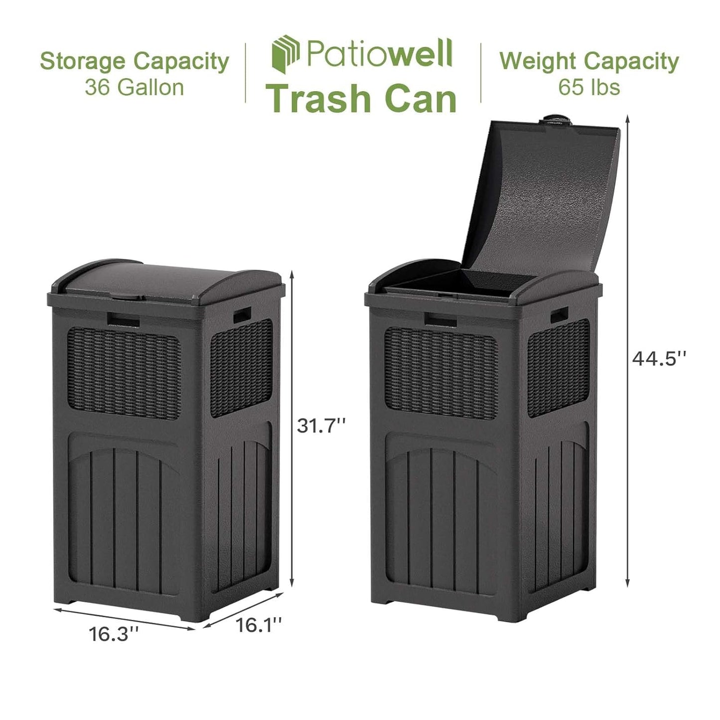 Patiowell 36 Gallon Outdoor Trash Can, Resin Outdoor Garbage Can with Lid for Patio, Backyard, Deck, Black