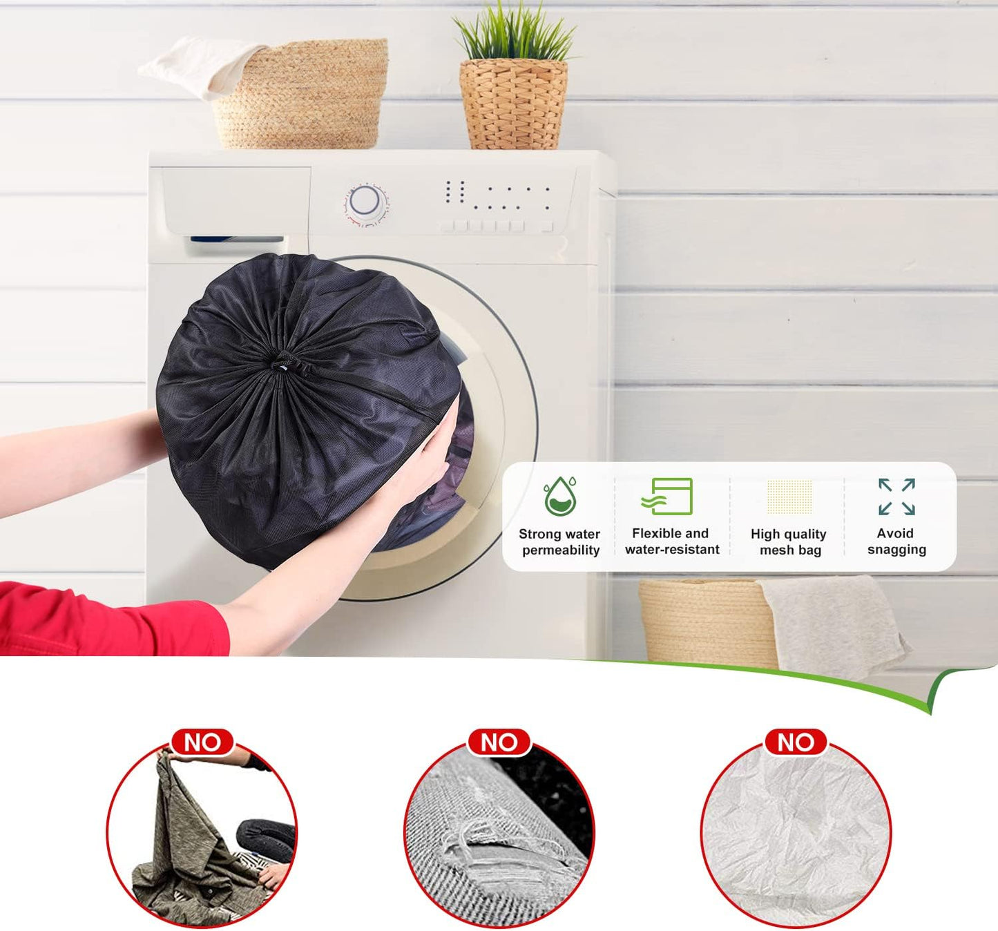 OTraki 2 Pack Large Laundry Bags 24 x 35 inch Mesh Washing Bag with Drawstring Closure Black Dirty Garment Toy Storage Bag Washable Laundry Hamper Replacement Liner for Home Dorm Hotel Beach