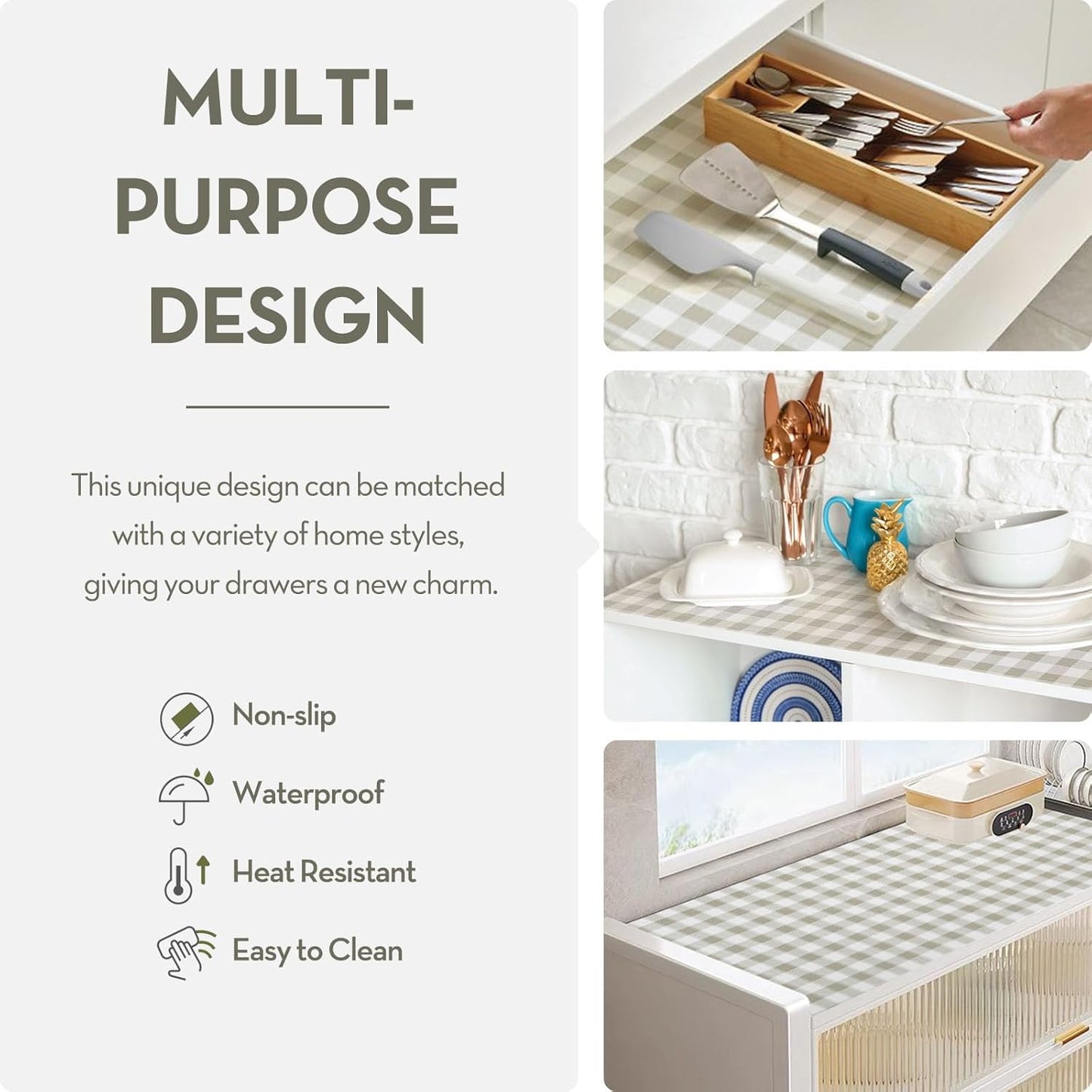 Drawer Shelf Liner, Non-Slip Kitchen Cabinet Liners Non-Adhesive Thick Strong Grip Waterproof Mats Protect Dresser Shelves Cupboard Bathroom Cabinets, Green Plaid, 17.5 in X 20 FT