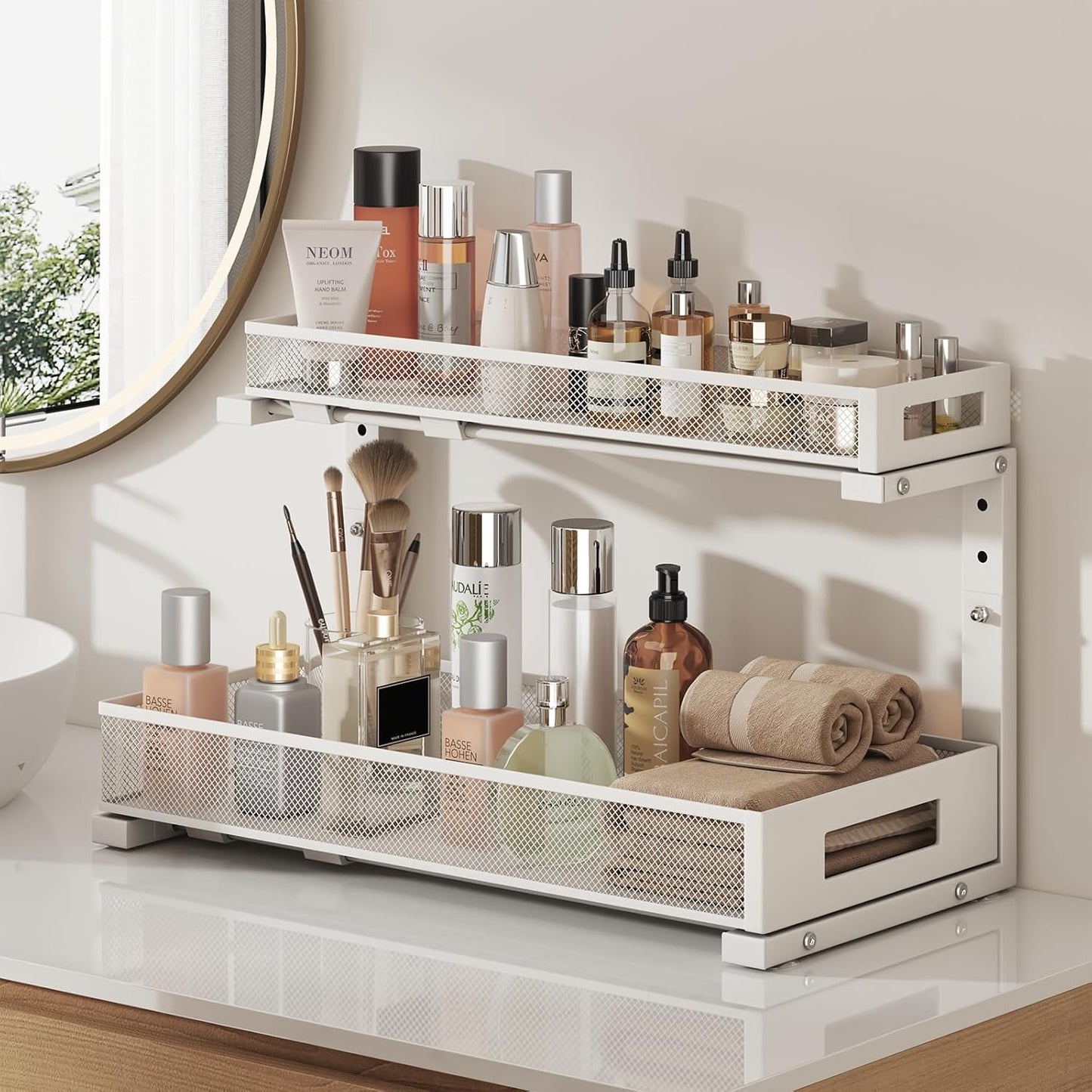 1 Pack 19IN Depth Under Sink Storage Organizer, Large 2-Tier Elegant Mesh Pull Out Shelf for Kitchen and Bathroom Cabinet Organization, L-Shaped and Adjustable Height Design-White