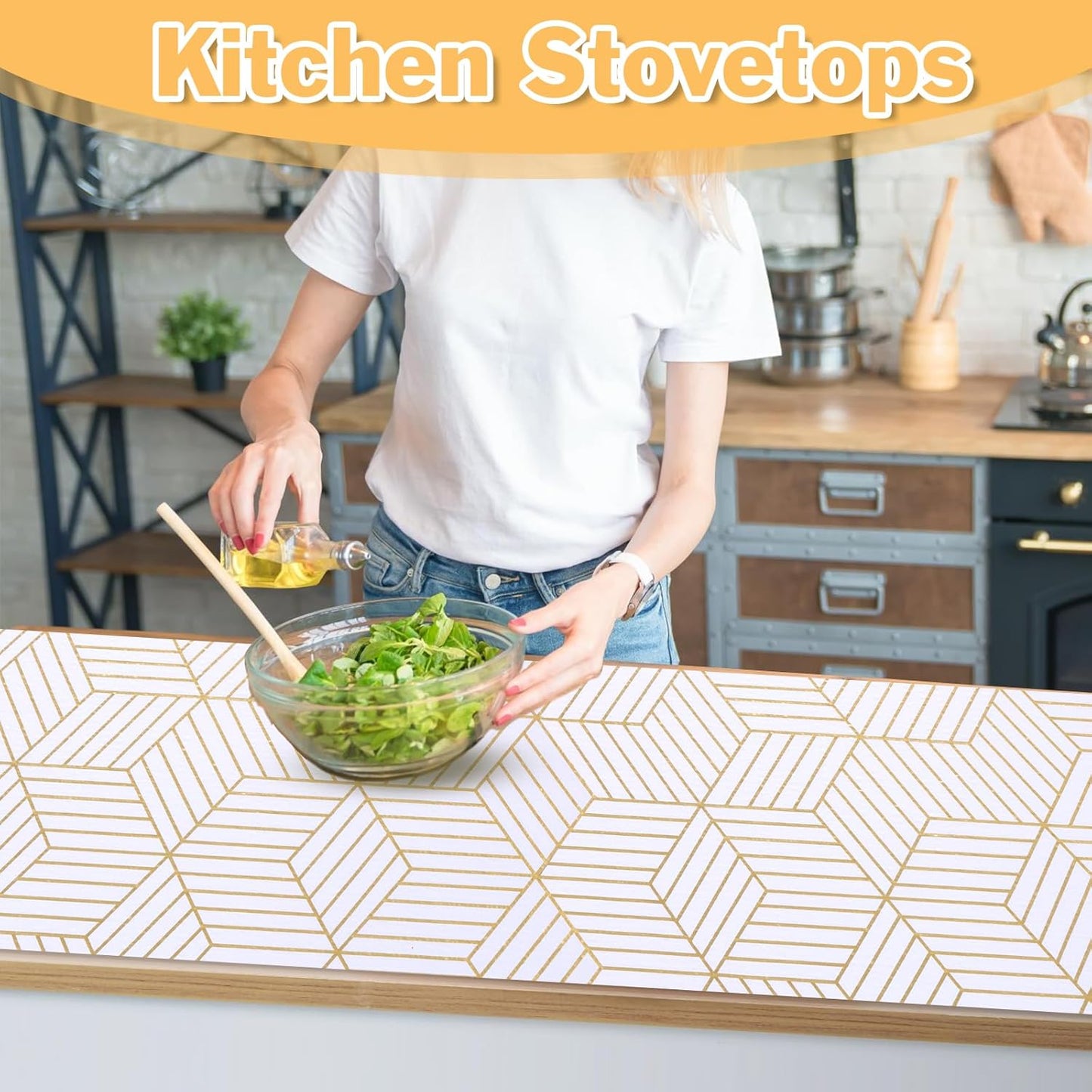 Shelf Liners for Kitchen Cabinets Non Adhesive Shelf Liner Paper Non-Slip Thickened Drawer Liner Easy to Clean for Tool Box Refrigerator with Knife and Tape Measure, Gold Geometric, 17.3 x 354.3 in