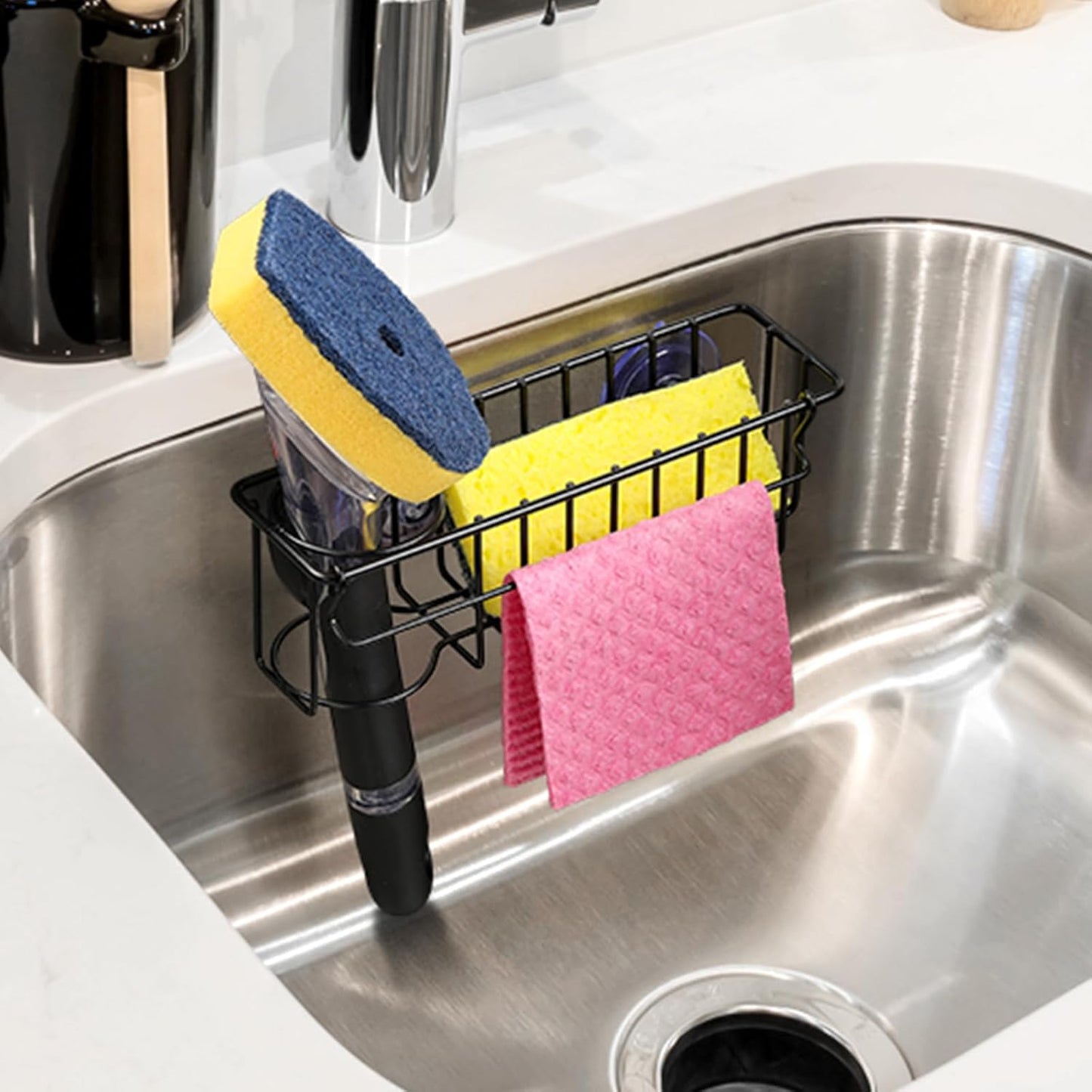 3-In-1 Sponge Holder for Kitchen Sink, 2 Type Suspension Options (Suction Cups & Adhesive Hook), Hanging Sink Caddy Organizer Rack - Sponge, Dish Cloth, Brush, Scrubber, 304 Stainless Steel - Black