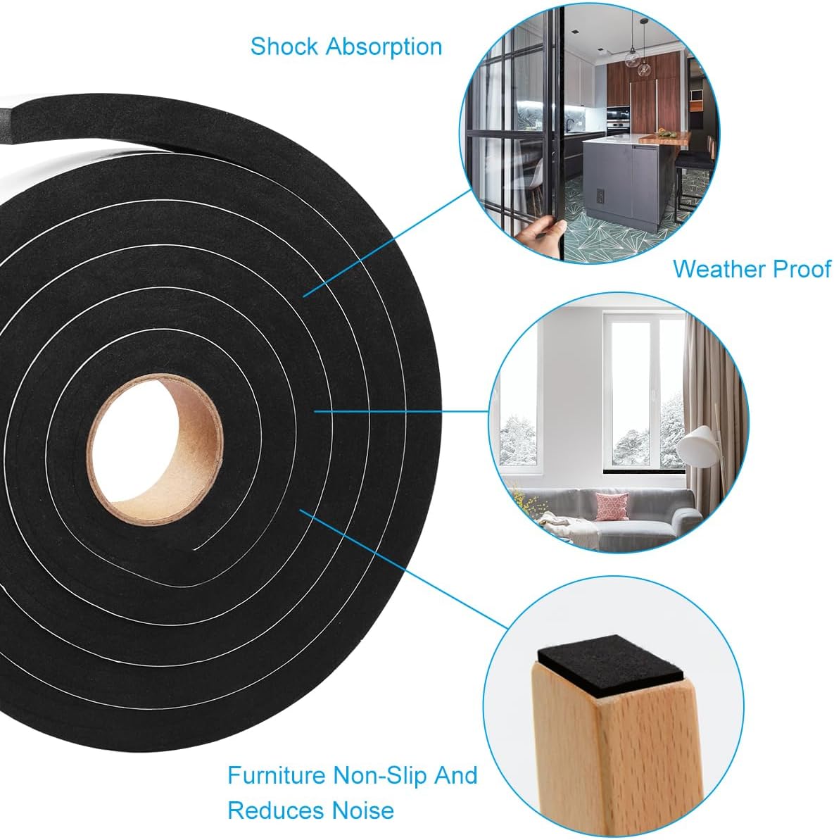 Seal Foam Tape, 2 Rolls 1/2 Inch W x 1/2 Inch T Weather Stripping for Door and Window,High Density Single Sided Closed Cell Door Insulation Weather Strip, 2 Rolls Total 13FT Black
