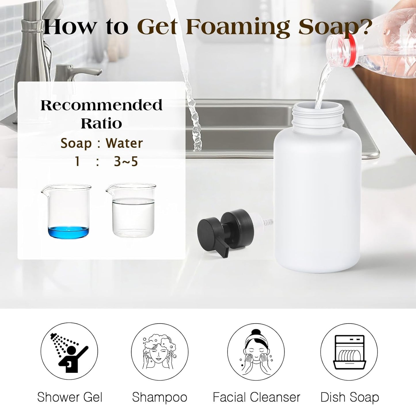 Luxspire Foaming Soap Dispenser, Glass Foam Pump Soap Dispenser, Non-Slip Hand Soap Container with 5 Waterproof Labels, 15 Oz Refillable Liquid Soap Holder for Bathroom & Kitchen, White, 2 Pack