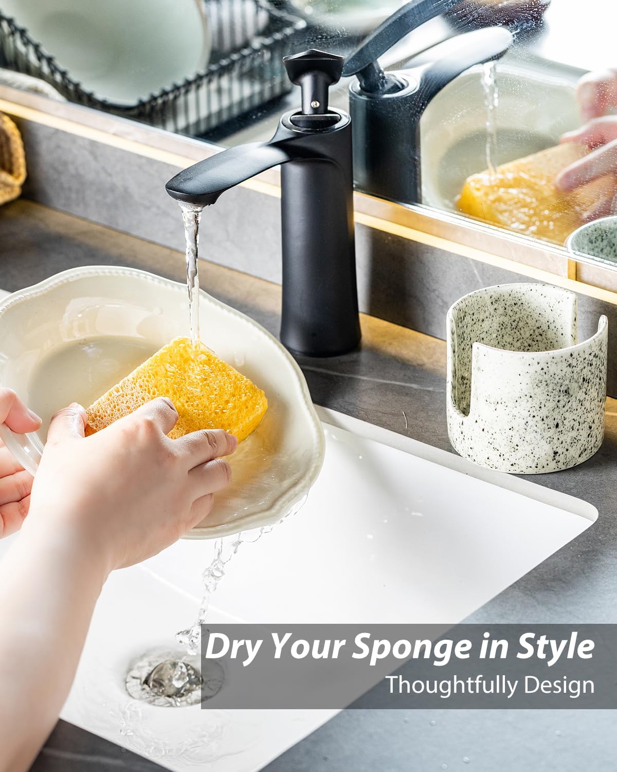 Kitchen Sink Sponge Holder, Dish Sponge Rack Ceramic Brush Holder Farmhouse Kitchen Dish Rack for Brush, Scrubbers, Bathroom, Sink, Speckled Glaze