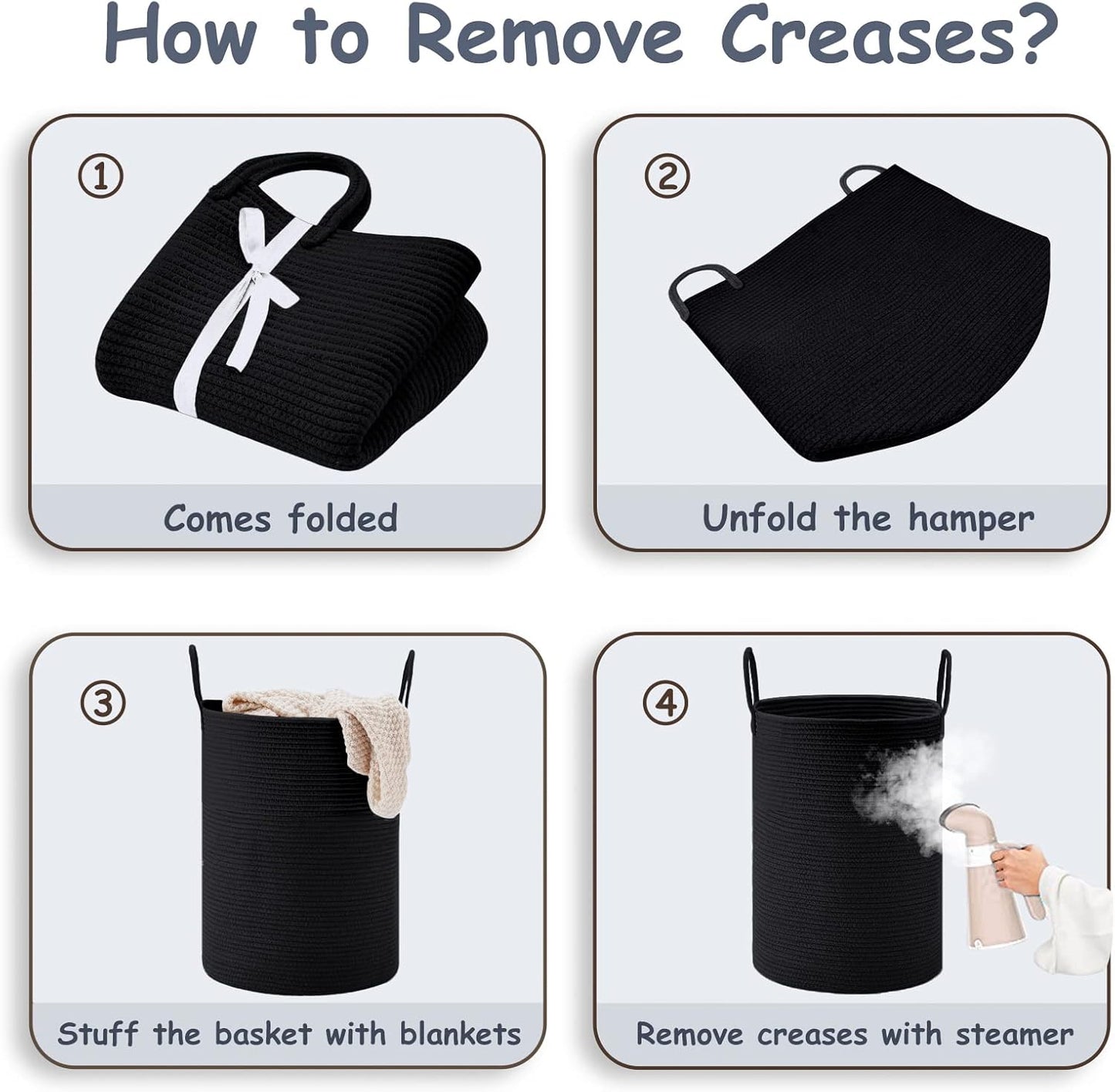 VIPOSCO Large Laundry Hamper, Tall Woven Rope Storage Basket for Blanket, Toys, Dirty Clothes in Living Room, Bathroom, Bedroom - 58L Black