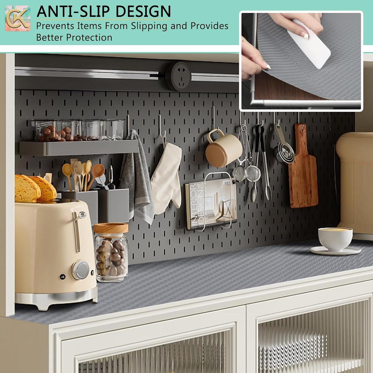 Self-Adhesive Shelf Liner Kitchen Liner, Waterproof Backed Paper Easy Peel and Stick Contact Liner Without Residue for Decor Your Desk Surface, Kitchen Countertops (Silver, 23.6 x 236.2 inches)