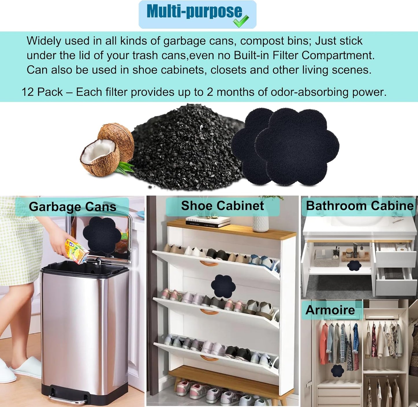 12-Pack Universal Trash Can Odor Absorbing Filters, Activated Charcoal Deodorizer for Trash Cans, Compost Buckets, Countertop and Recycle Bins (Flower)