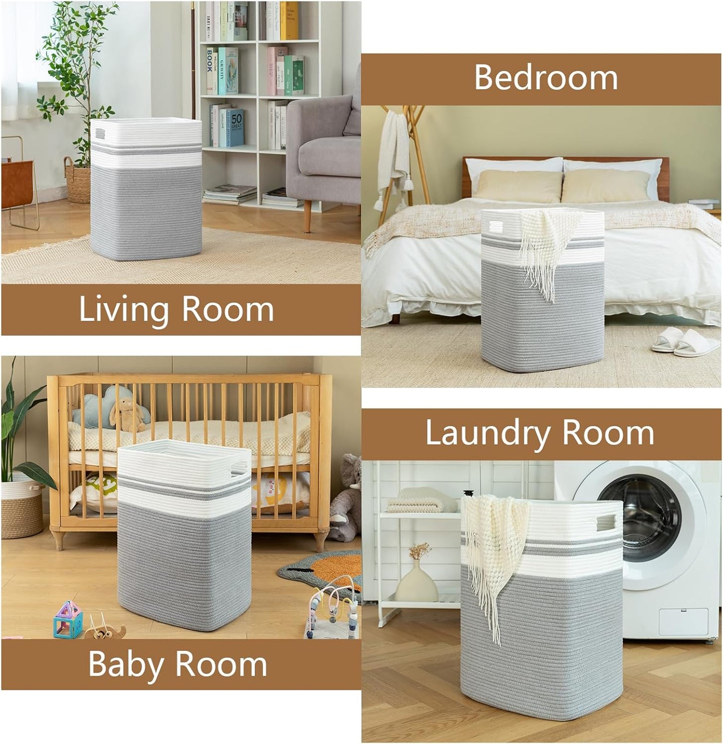 OIAHOMY Laundry Hamper, Tall Cotton Decorative Blanket Storage Basket with Handles for Living room,Collapsible Large Baskets for Toys,Pillows,Clothes Organizer-16x13x22in-Gray