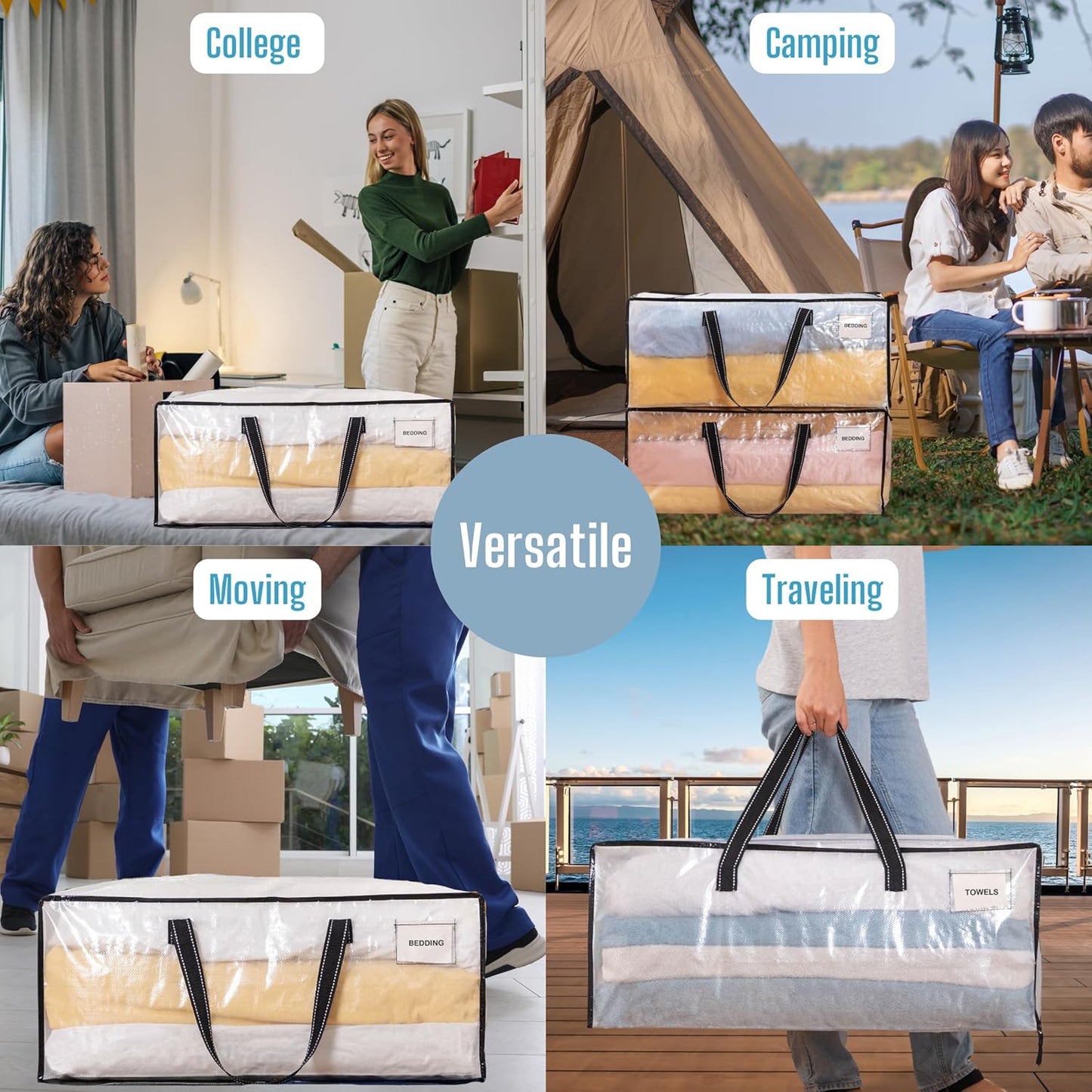 VENO 2 Pack Moving Bags Extra Large Storage Bags for College Move-In, Heavy-Duty Storage Totes, Packing Boxes, and Wardrobe Moving Supplies - Durable Laundry Bags for Clothes (Clear, 2 Pack)