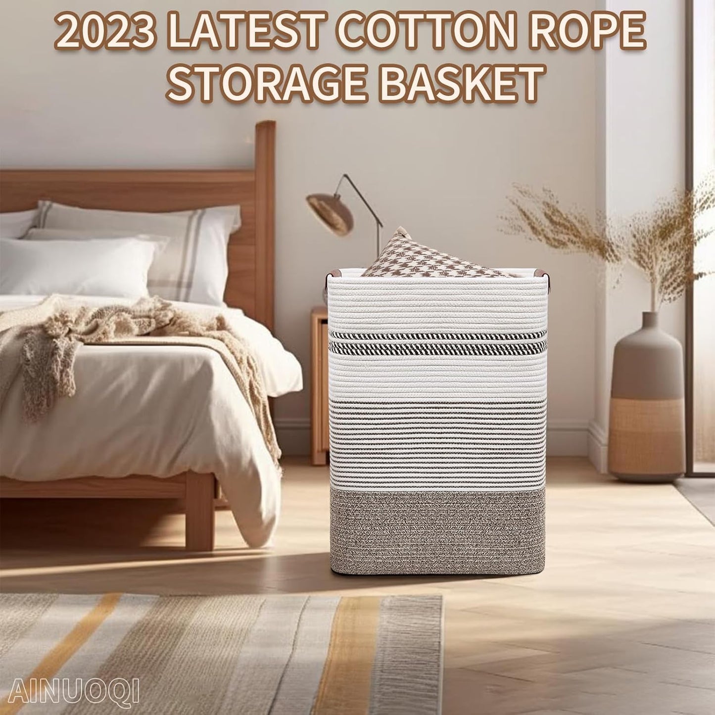 Laundry Hamper - Tall Woven Rope Laundry Basket - Clothes hamper with Leather Handles, 17.8" X 13.8" X 22", Blanket Storage Basket for Living Room, Rice Brown & White