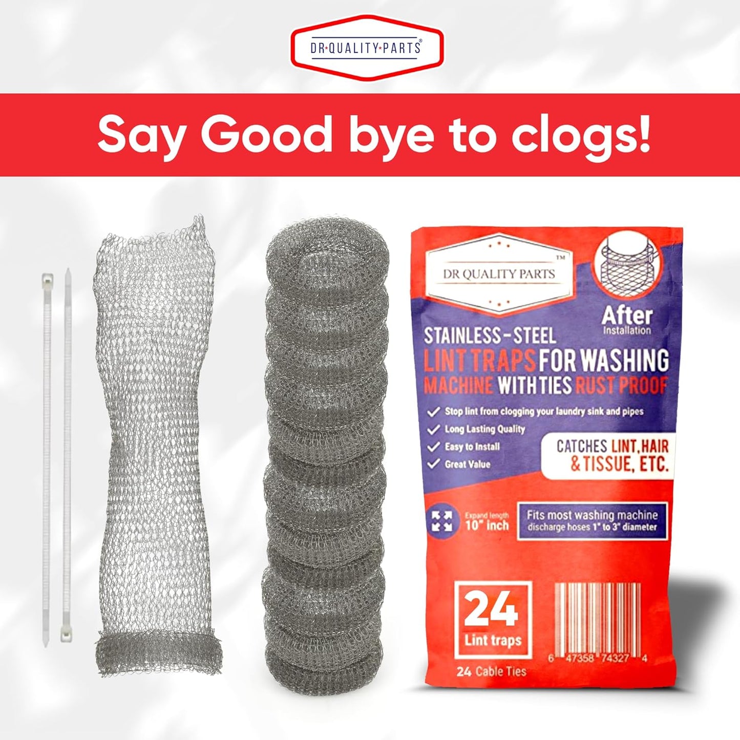 Washing Machine Lint Trap – Stainless Steel Hose Filter, Mesh Drain Catcher, Washer Sock Lint Remover, Rust-Free Snare Laundry Filter with Nylon Cable Ties, 29cmx6.5cm – 24-Pack