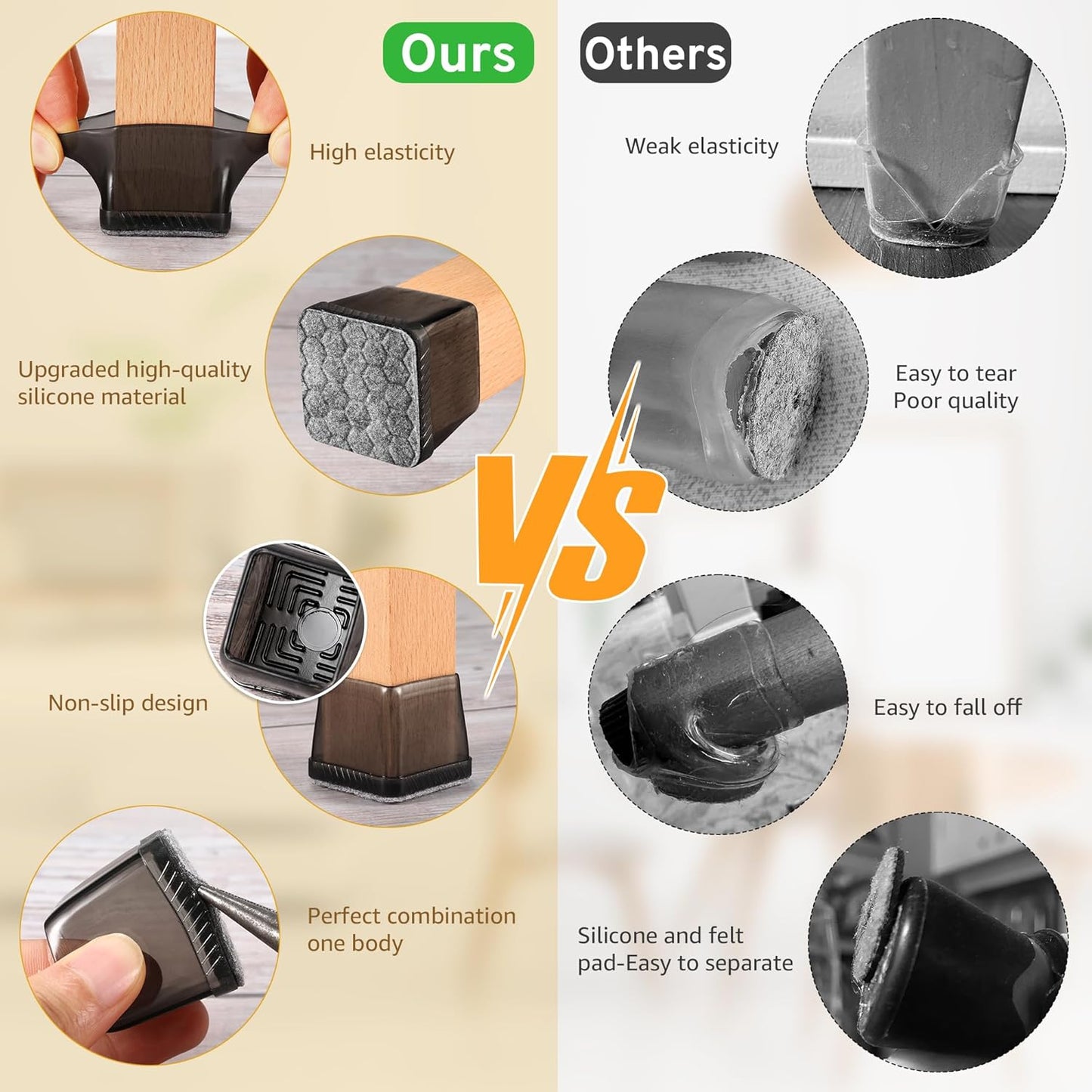 24PCS Extra Small Chair Leg Floor Protectors, Furniture Sliders, Chair Leg Protectors for Hardwood Floors, Non-Slip Felt Furniture Pads, Square Silicone Cap Covers to Protect Floors(Fit 0.5" - 0.75")