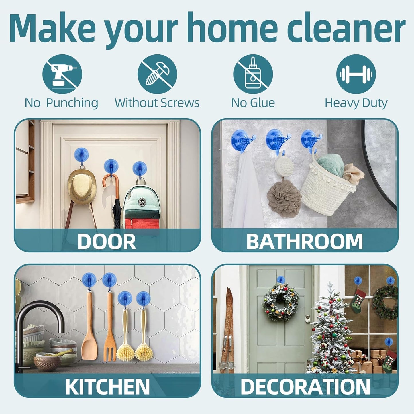 Antimbee 3 Pack Suction Hooks, Clear Suction Hangers for Shower, Bathroom, Glass, Door, Windows, Kitchen-Up to 11 lbs on Smooth Surface (Transparent Blue)