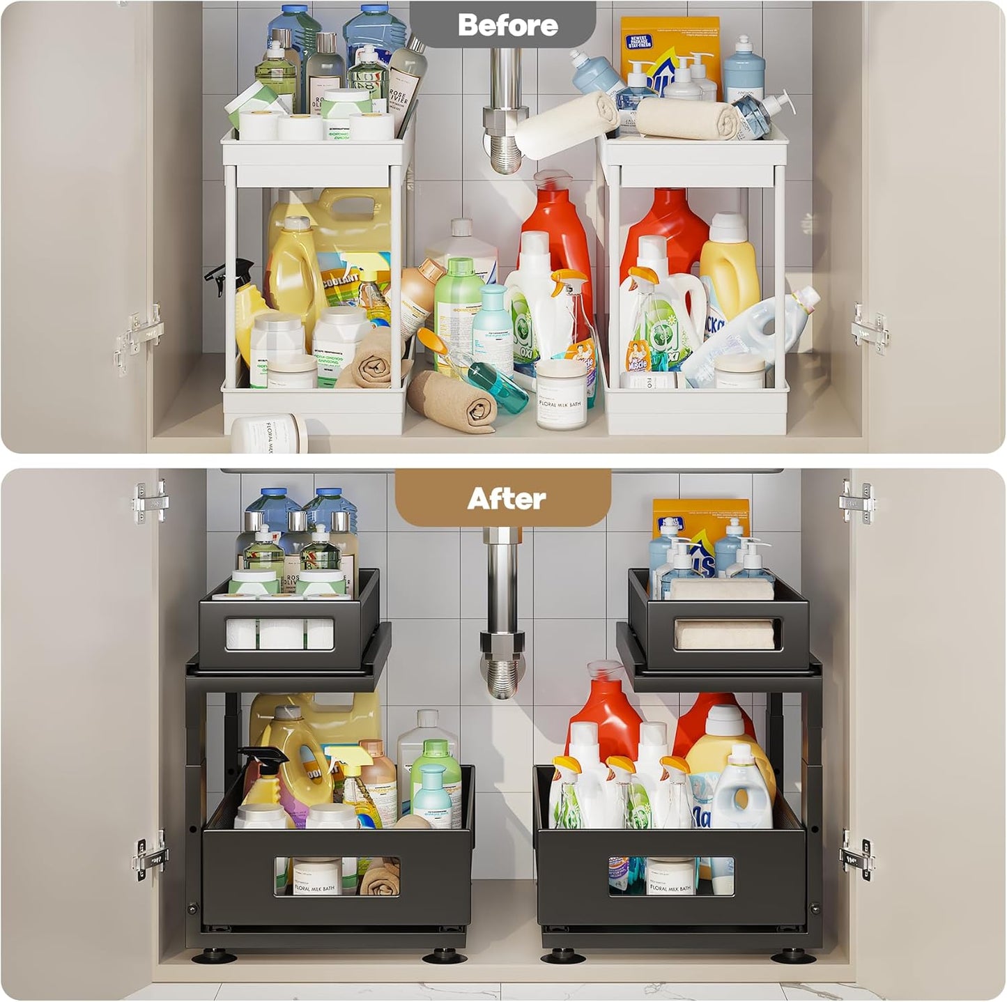 2 Pack Under Sink Organizer with Next-Gen Ball-Bearing Slides,2-Tier Pull Out Cabinet Storage,Height Adjustable Drawer Shelf for Bathroom,Kitchen,Laundry,Cabinet,Pantry(Patent Pending)