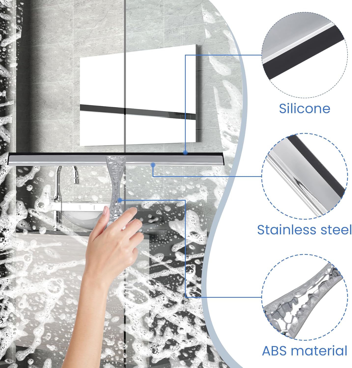 All-Purpose Silicone Shower Squeegee for Shower Glass Door,with 1 Hooks,for Bathroom Glass, Car, Tile Wall, Mirror Cleaning - Flower Shaped Handle for Easy-Grip 14 Inch Silver