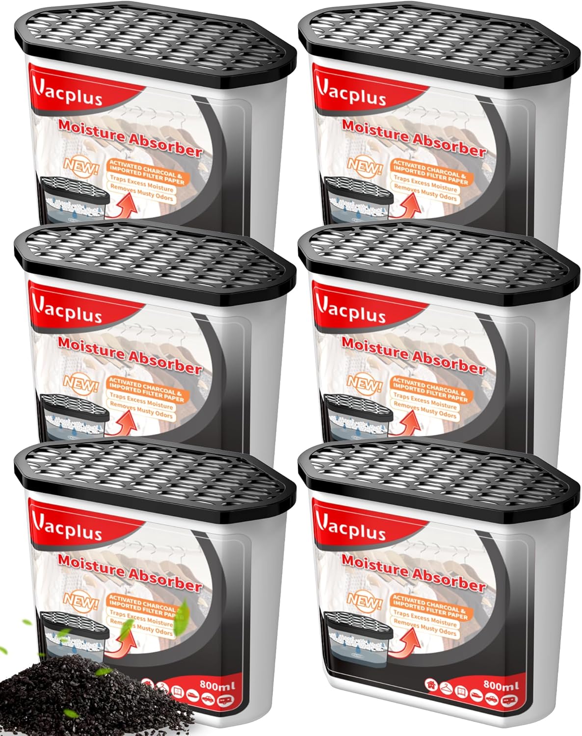 Vacplus Moisture Absorbers 6 Pack, 16.0 Oz Portable Humidity Absorber Boxes for Your Bathroom, Closet & Car, Dehumidifier with Activated Carbon, Black