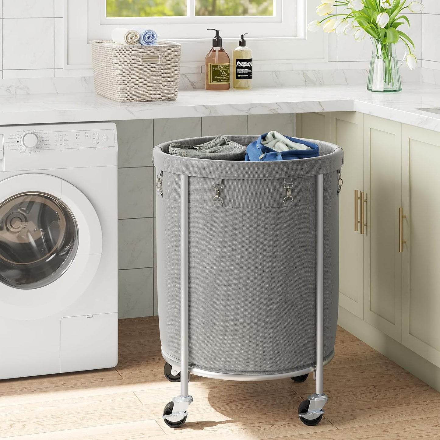 ELYKEN Laundry Basket with Wheels, 45 Gallons Rolling Laundry Hamper with Removable Bag and Steel Frame, Round Laundry Cart with 4 Casters, Ideal for Bedroom, Bathroom, Laundry Room, Gray