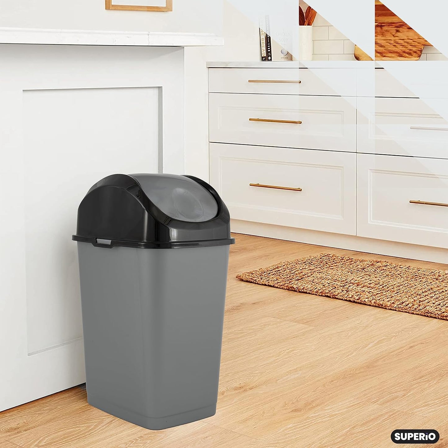 Superio Office Trash Can with Lid 9 Gallon Kitchen Garbage Can Bedroom Waste Basket 37 Qt. Swing Top Trashcan Plastic Durable Waste and Recycle Bin (2, Grey/Black)