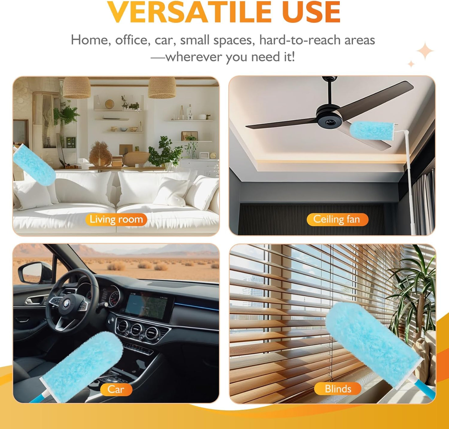 60ct 360° Heavy Duty Duster Refills Kit for Swiffer Duster, 4X Dust Capture Power with Microfiber, Disposable Feather Dusters for Cleaning Ceiling Fan, Cobweb, Car,1 Extended &1 Short Handle