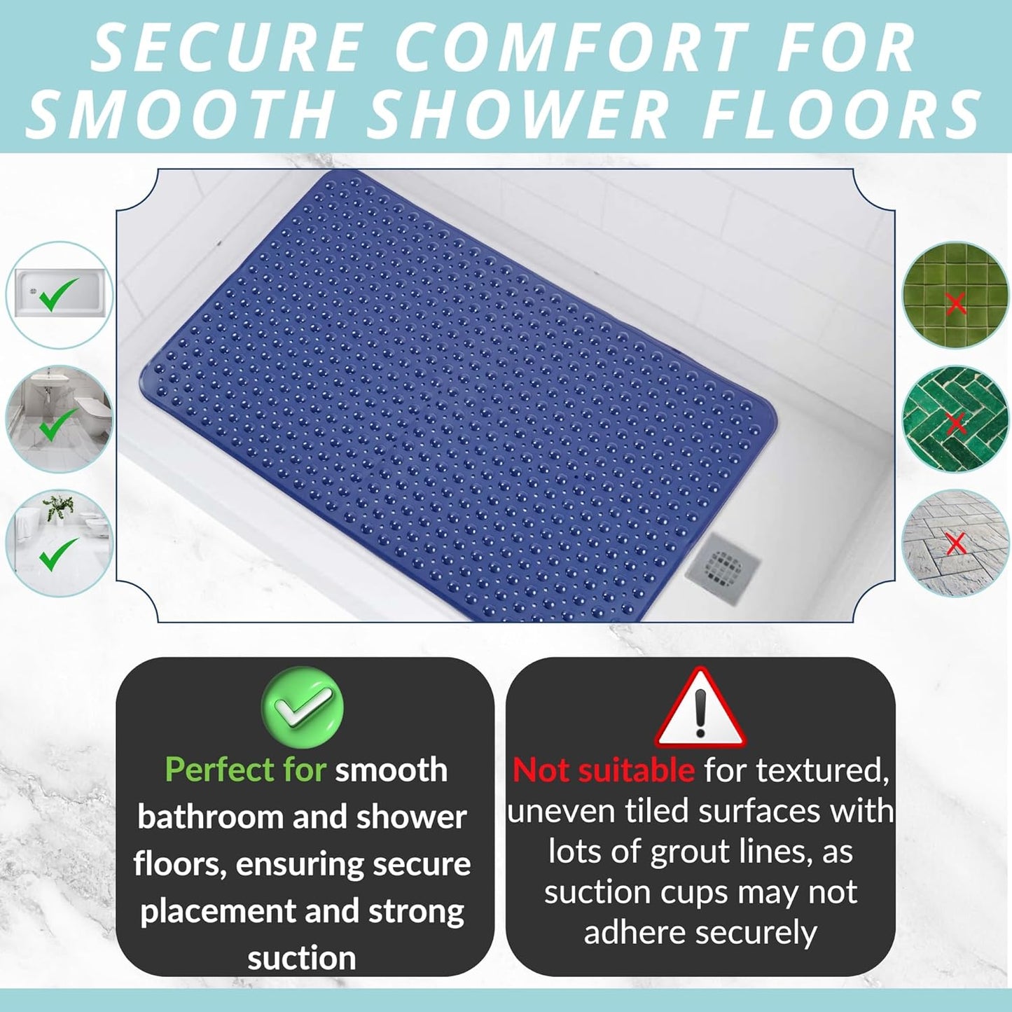 ENKOSI Extra Large Shower Mat Non Slip - 47 x 32 inch - XL Bathroom Shower Mat - Large Shower Matts for Shower Stall Floors - Secure Suction Cups and Drain Holes (47x32 Navy Blue)