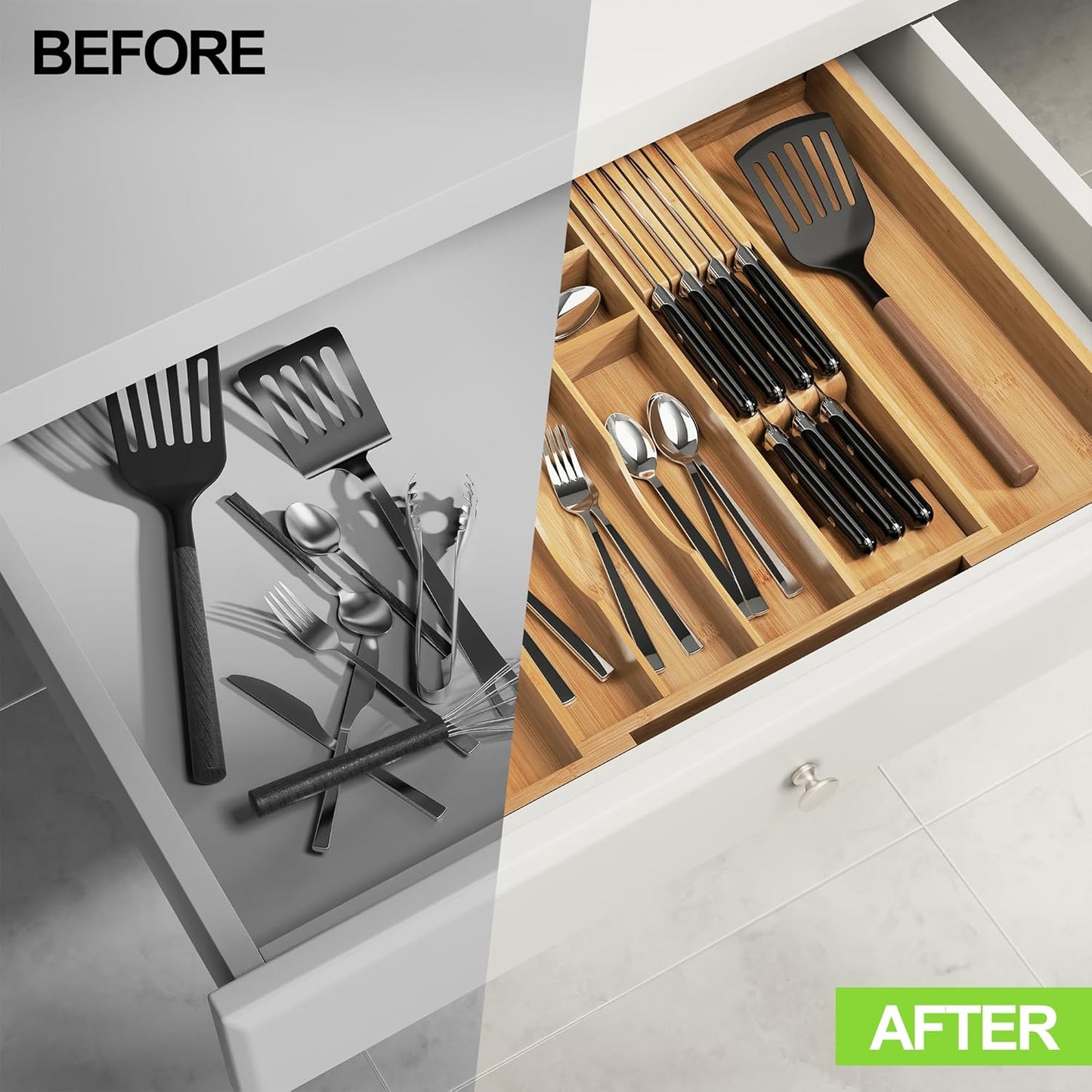 Bamboo Kitchen Drawer Organizer, Expandable Utensil Organizer with Removable Knife Block, Cutlery Tray Holder with Divider, Adjustable Silverware Organizer, Wood Tableware Dividers Storage