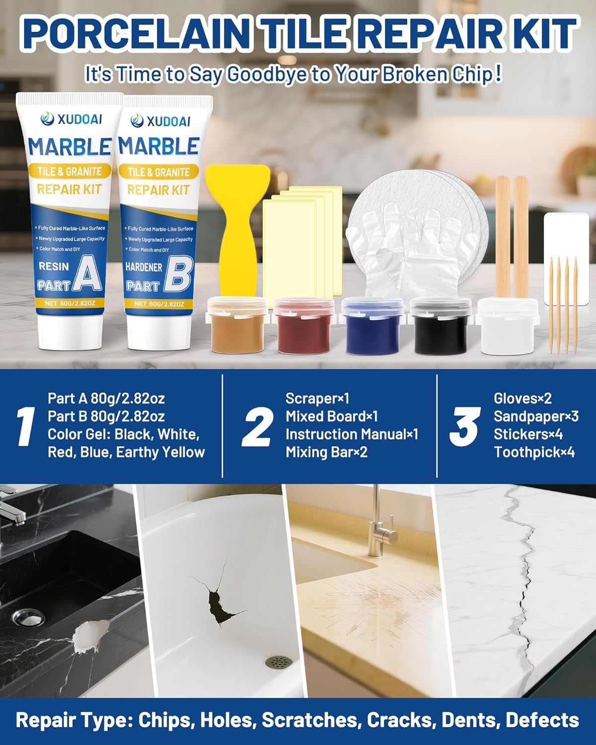 Marble and Granite Repair Kit (Color Match), 160g/5.64oz Quartz Countertop Repair Kit for Chips Holes Dents Defects Scratches Cracks, DIY Fix Reattaches Porcelain Tile Sink Stone Other Hard Surfaces