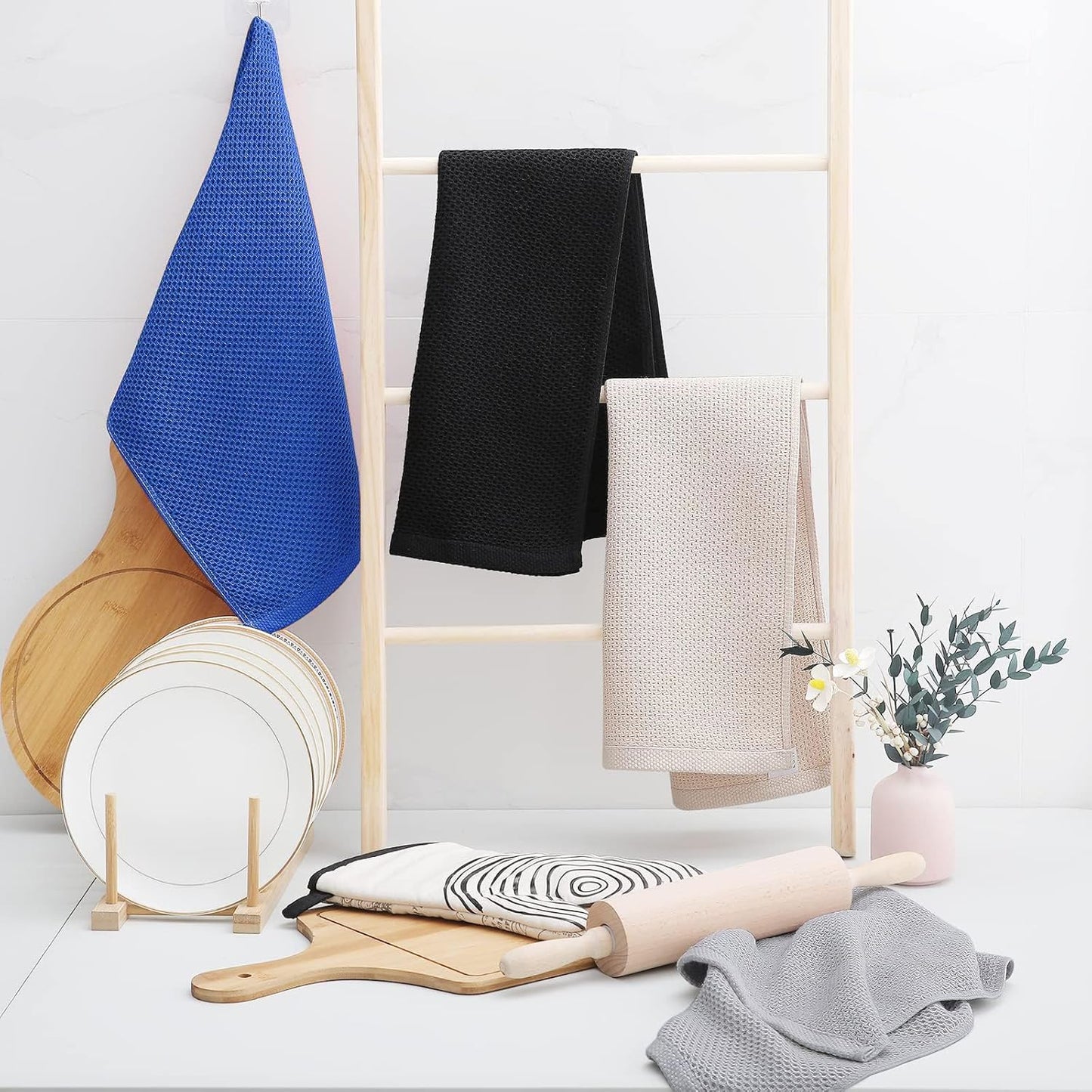 Homaxy 100% Cotton Waffle Weave Kitchen Dish Towels, Ultra Soft Absorbent Quick Drying Cleaning Towel, 13 x 28 Inches, 8-Pack, Blueberry