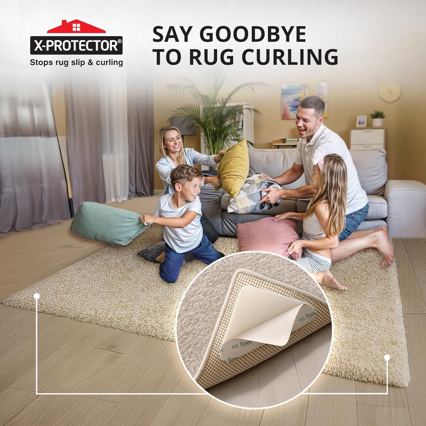 X-Protector Rug Tape - 16 Pcs Set - White Anti-Slip & Anti-Curling Carpet Tape for Hard Floors - Premium Rug Pad Gripper - Ideal Carpet Corner Grippers to Keep Your Carpet in Place & Make Corners Flat